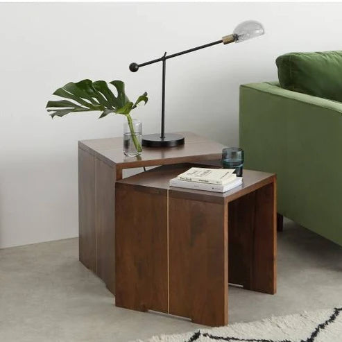 Premium Solid Mango Wood Nesting Tables (Set of 2) - Space-Saving Side Tables for Living Room, Bedroom, or Office Decor