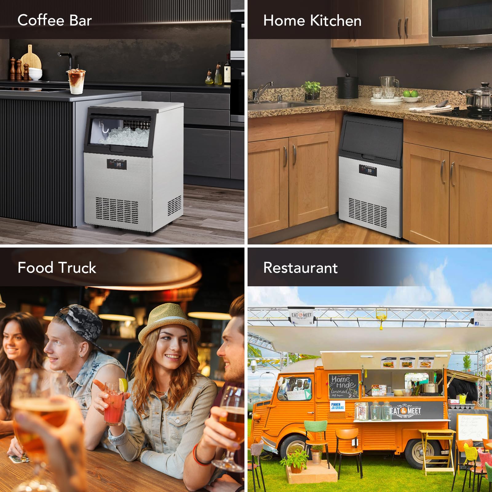 Commercial Ice Maker Machine 90lbs/24H, Stainless Steel Under Counter Ice Machine with 30lbs Storage - Freestanding Ice Maker (4x8 Ice Cubes) for Restaurants, Bars, Cafes & Home Use