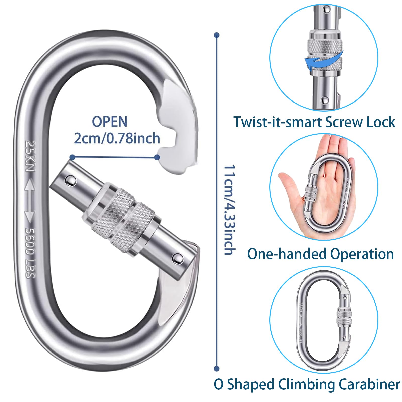 Heavy Duty 25KN Locking Carabiner Clips - ASTM F1774-20 Certified Climbing Carabiners for Rigging, Ropes & Hammocks - Large O-Shaped 4.3 Inch Silver Carabiner for Camping, Hiking & Outdoor Adventures