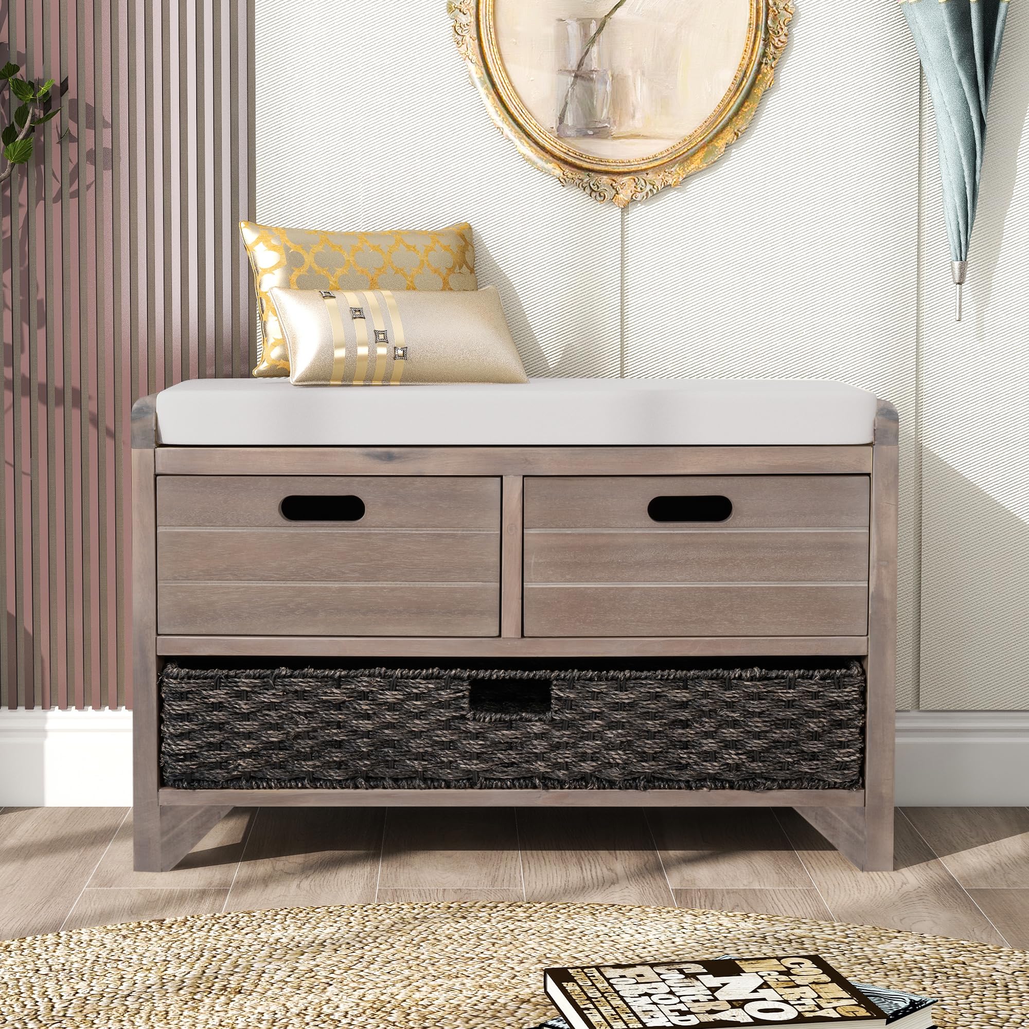 Softsea Upholstered Storage Bench with Removable Basket & 2 Drawers - Farmhouse Entryway Shoe Bench with Seat Cushion, White Wash - Perfect for Entryway, Living Room, Bedroom Storage & Seating (Fully Assembled)