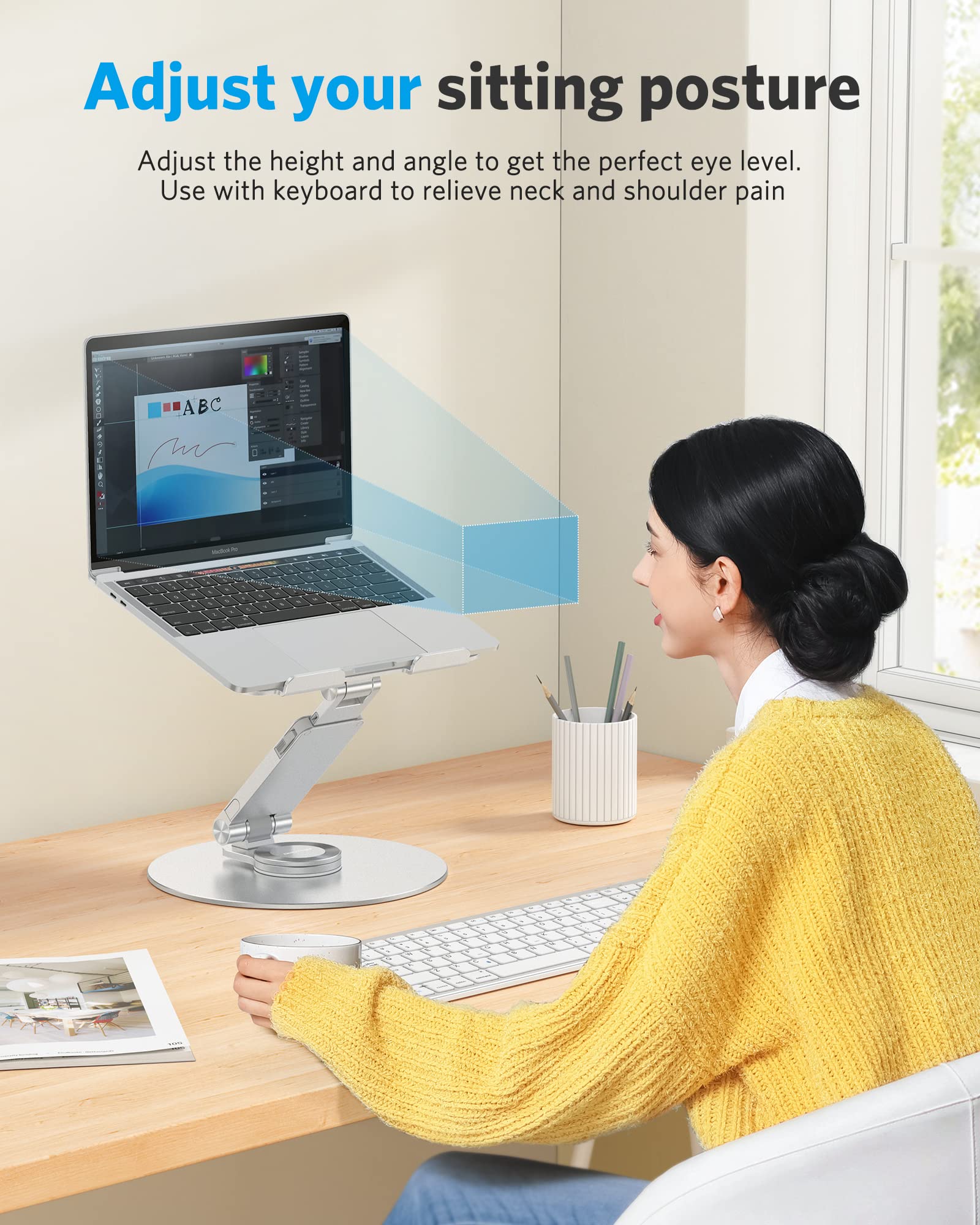 OMOTON 360°旋转升降铝合金折叠笔记本支架 - 适合16英寸以下MacBook及所有笔记本电脑，办公协作、家庭娱乐、远程学习多场景适用