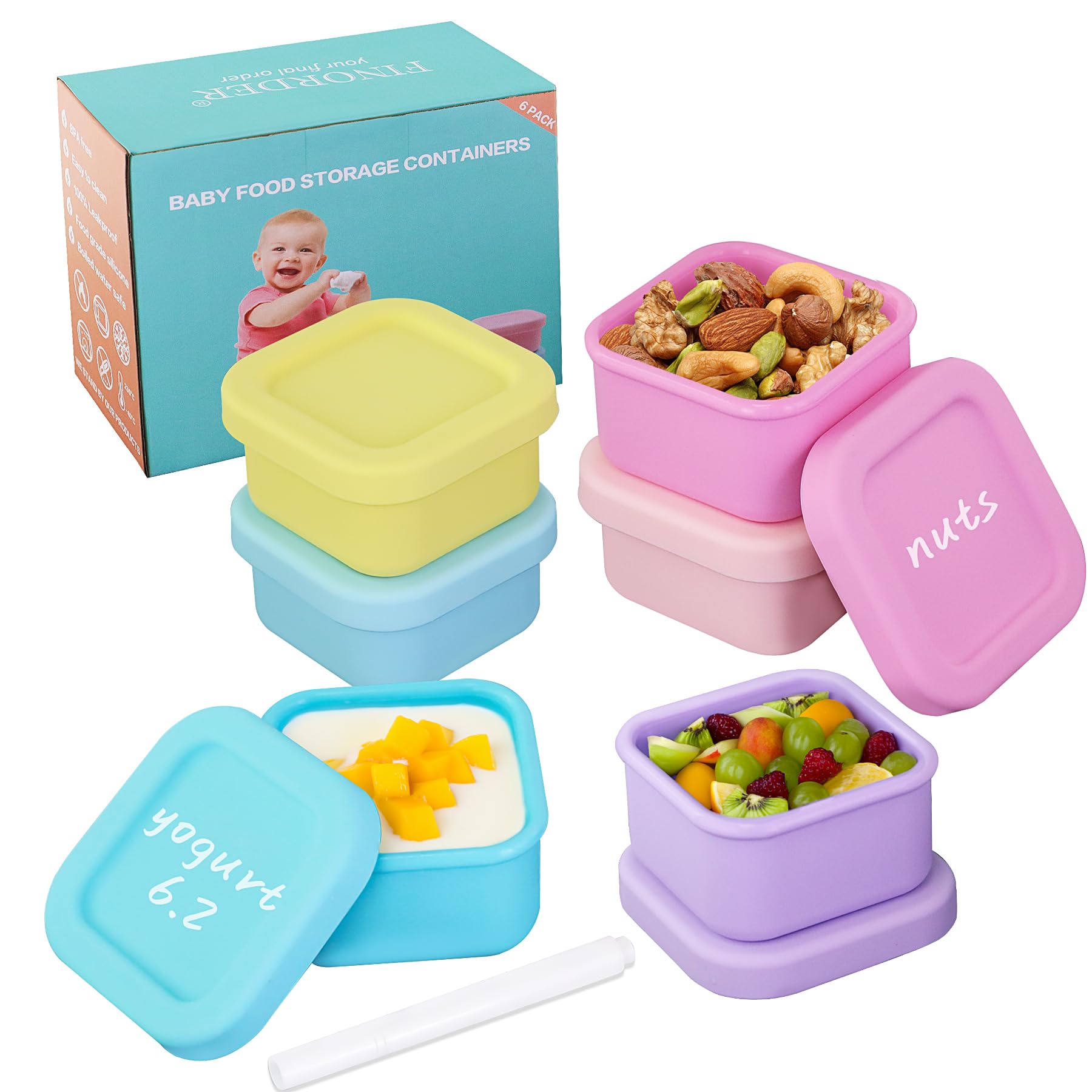 Finorder 6-Pack 100% Silicone Baby Food Storage Containers - 3.5 oz Leakproof & Airtight Snack Cubes - Microwave, Freezer Safe for Infant Puree & Homemade Meals - Perfect for Daycare, Travel & Meal Prep