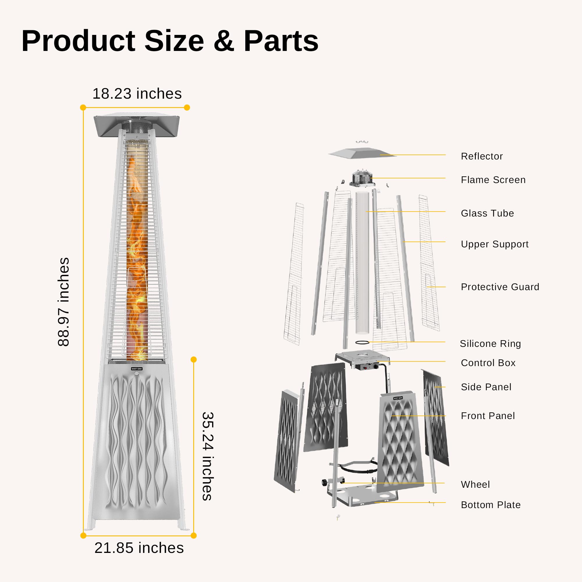 EAST OAK 48,000 BTU Stainless Steel Pyramid Patio Heater with Quartz Glass Tube - Triple Protection System & Wheels - Outdoor Propane Heater for Restaurants, Backyard, Deck, Garden - Commercial & Residential Use