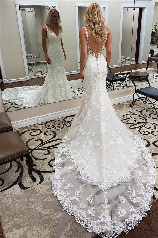 Elegant V-Neck Backless Strapless Mermaid Lace Wedding Dress for Bride - Perfect for Beach, Church, and Formal Ceremonies