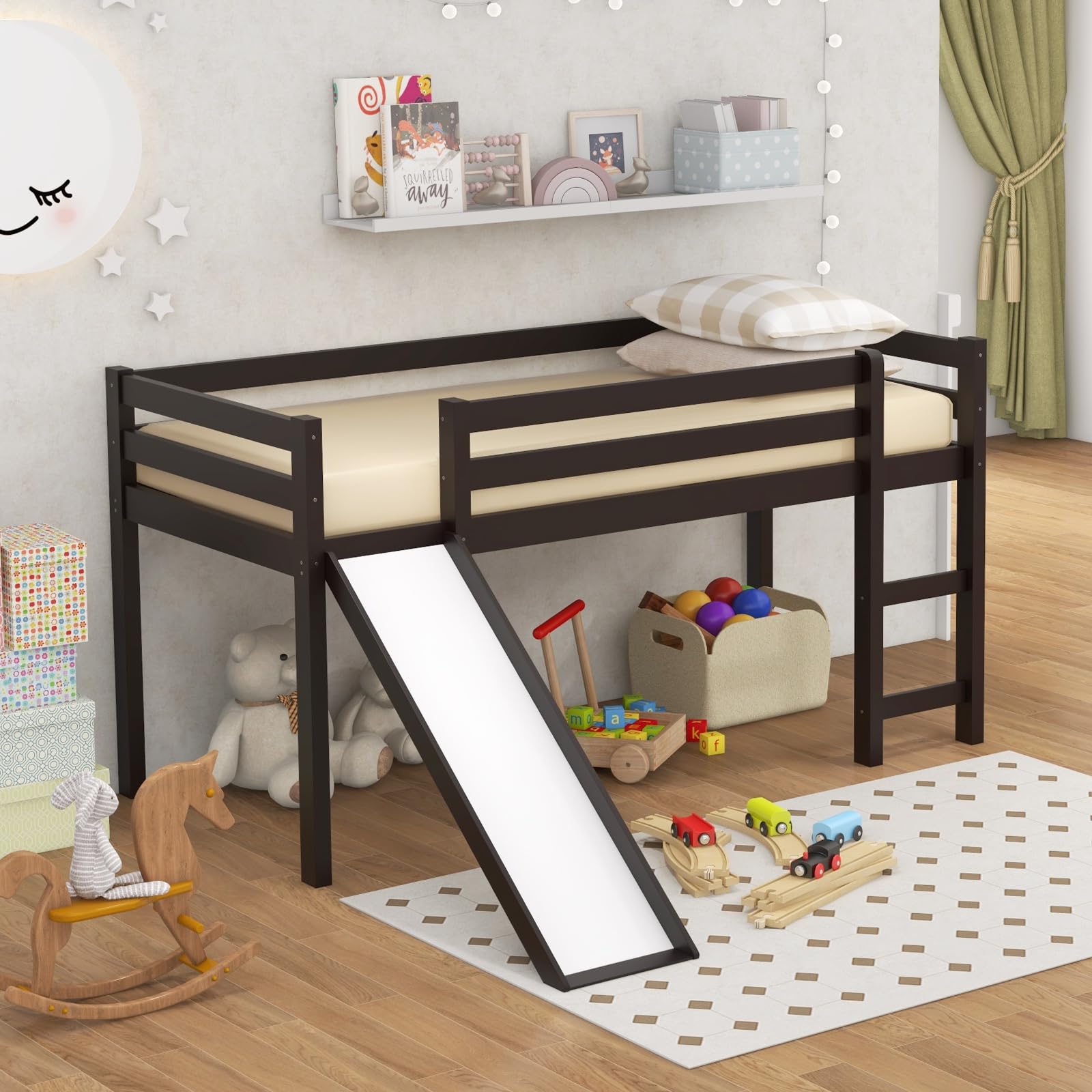 Giantex Twin Loft Bed with Slide - Wooden Low Loft Bed for Kids & Toddlers - Twin Bed Frame with Climbing Ladder & Storage - No Box Spring Needed - Espresso Finish - Perfect for Small Bedrooms, Playrooms & Kids' Sleepovers