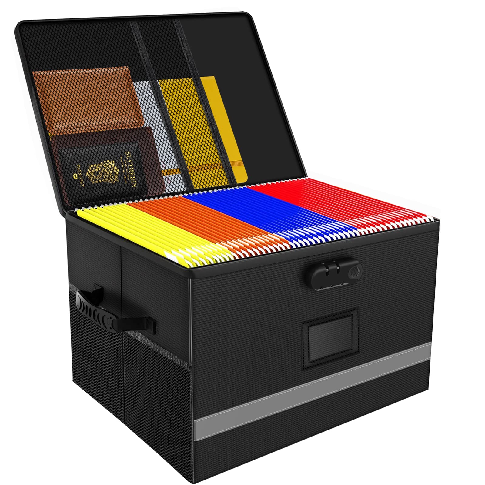 Fireproof File Box - Collapsible Document Organizer with Code Lock for Hanging Letter/Legal Folders | Portable File Storage Box with Handle & Shoulder Strap | Perfect for Home Office Organization & Important Document Protection