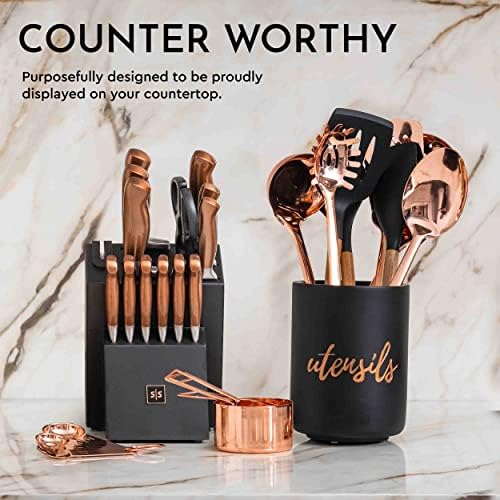 Premium 14-Piece Rose Gold Copper Knife Set with Black Knife Block & Built-In Sharpener - Professional Kitchen Knives for Cooking, Slicing & Food Prep - Perfect Gift for Chefs & Home Cooks (Ideal for Holiday Dinners, BBQ Parties & Everyday Meal Preparation)