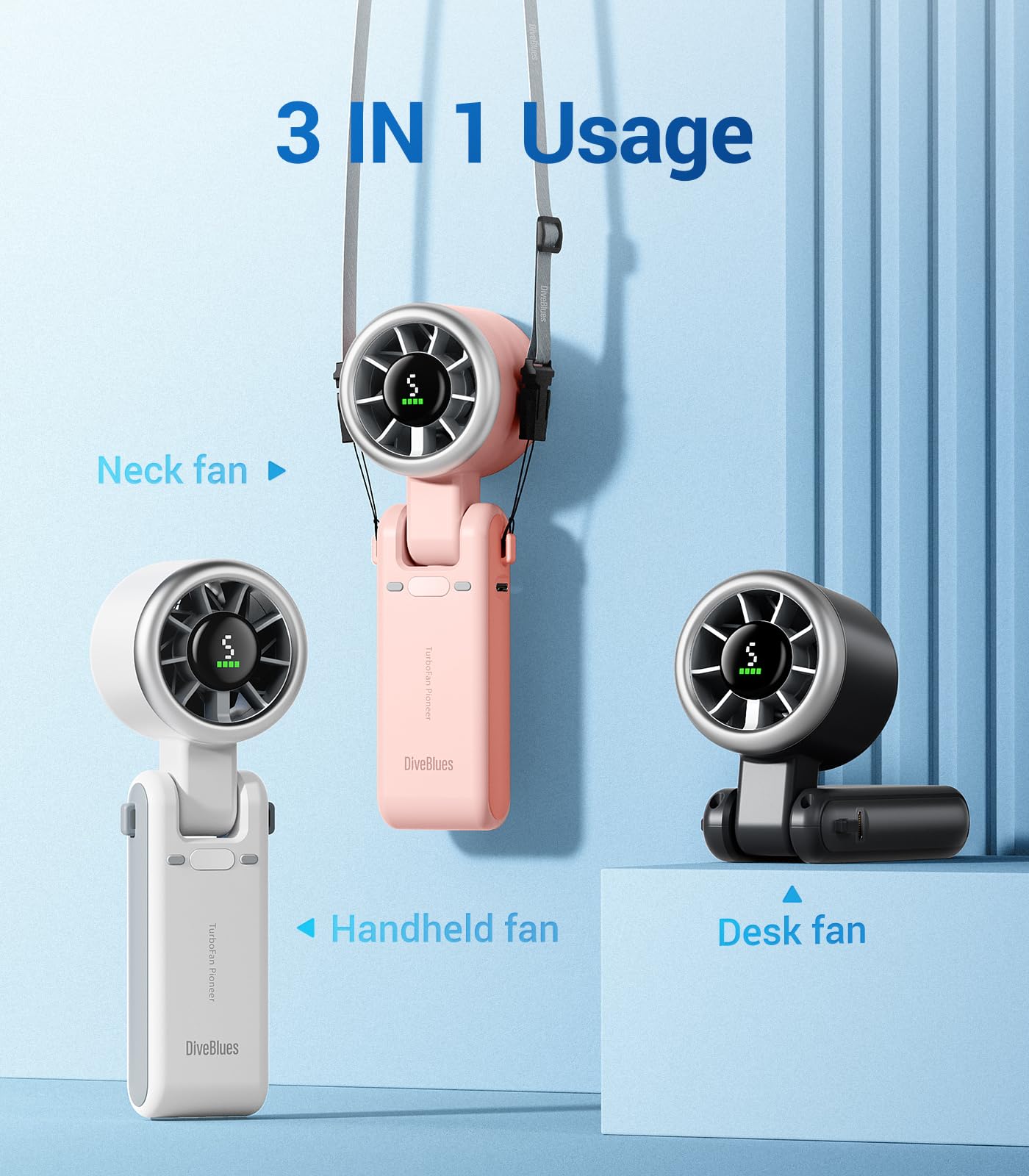 Portable Handheld Turbo Fan - 5 Speed Adjustable, Rechargeable Battery Operated, Up to 12 Hours Runtime, 3-in-1 Cooling Fan with Turbo Technology for Outdoor, Travel, Office, Camping, Sports & Home Use