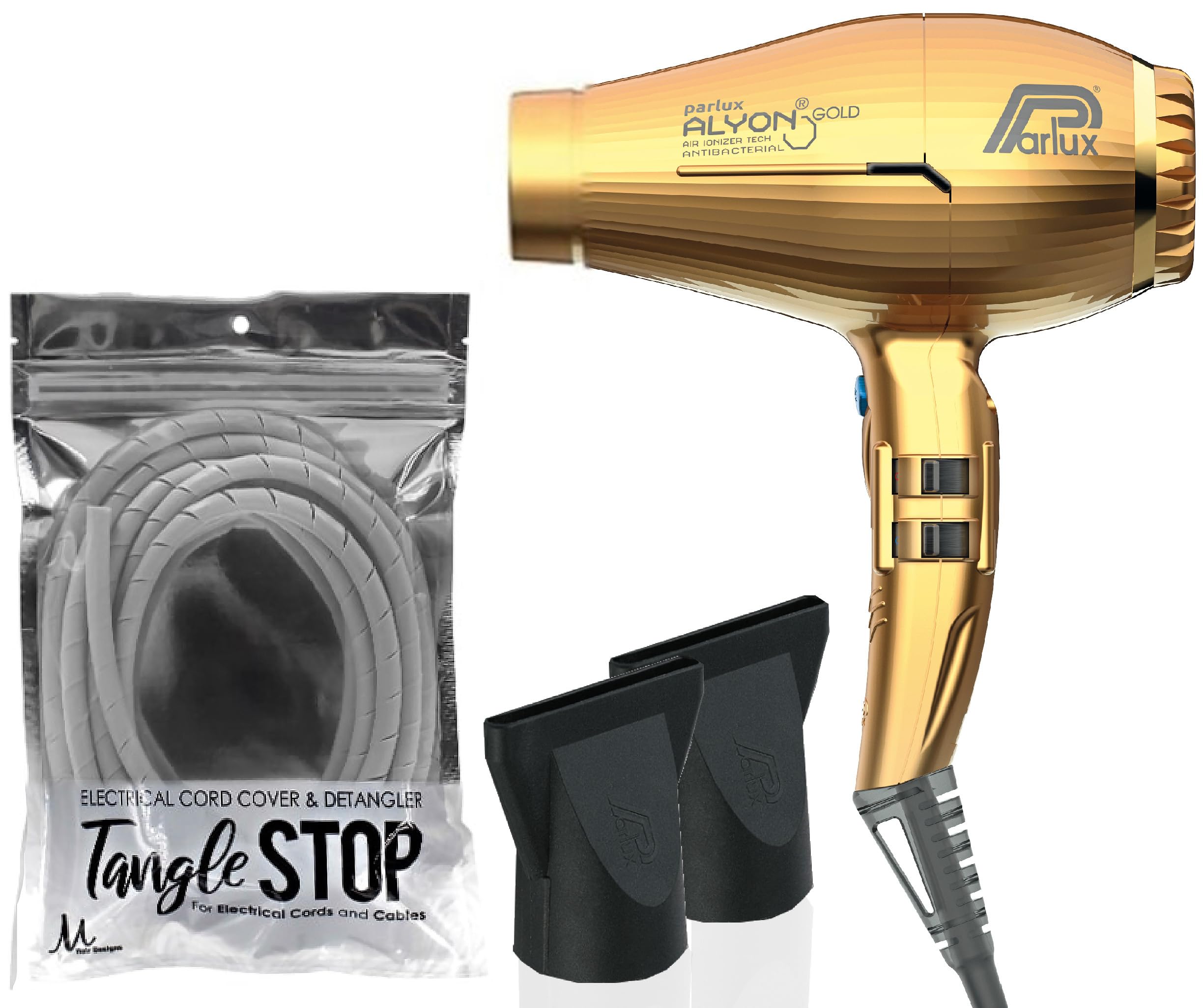 Parlux Alyon Gold Professional Hair Dryer with M Hair Designs Tangle Stop Cord Cover Detangler Bundle - Salon Quality Blow Dryer for Smooth, Tangle-Free Styling at Home or Salon