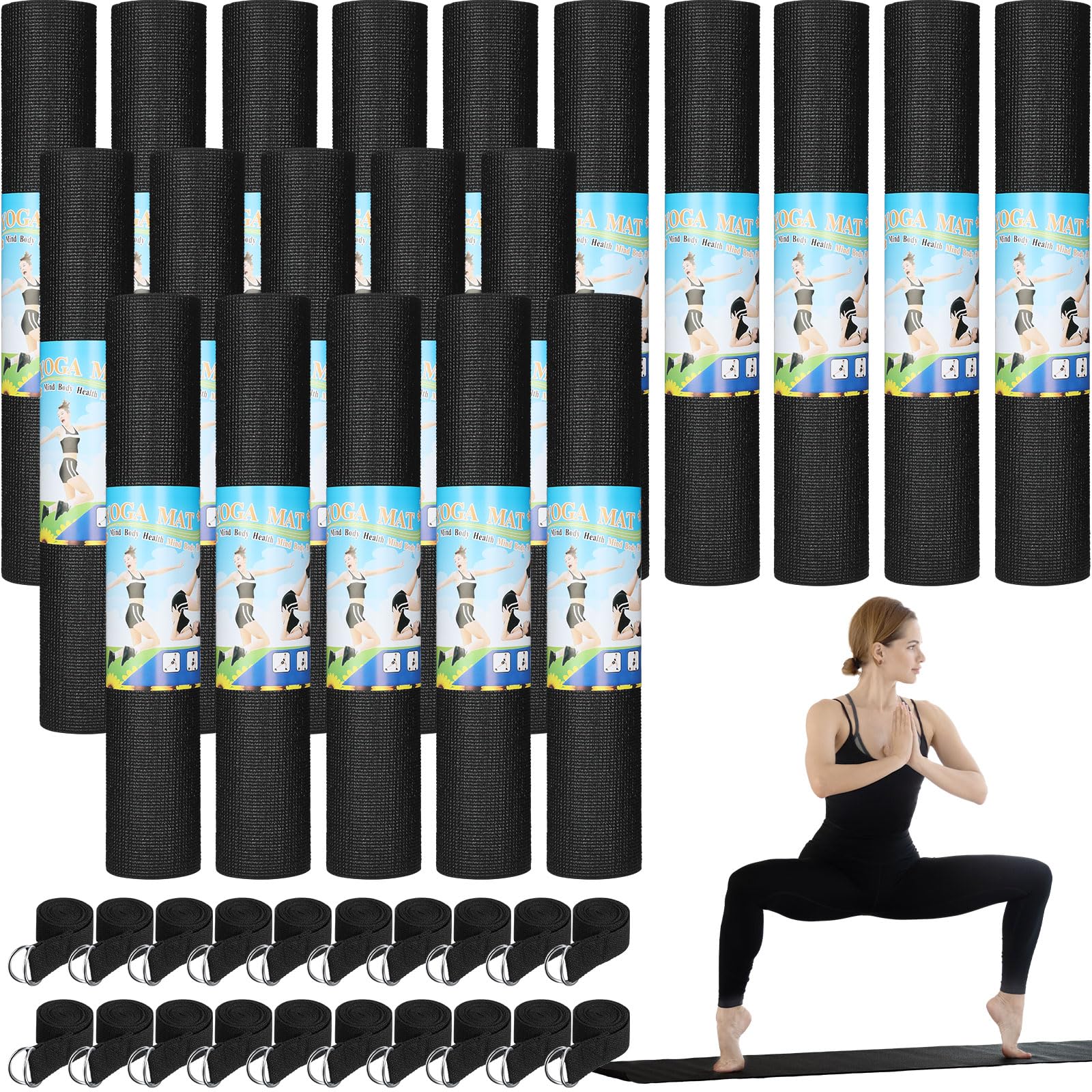 20-Pack Non-Slip Yoga Mats with Stretch Straps - 68