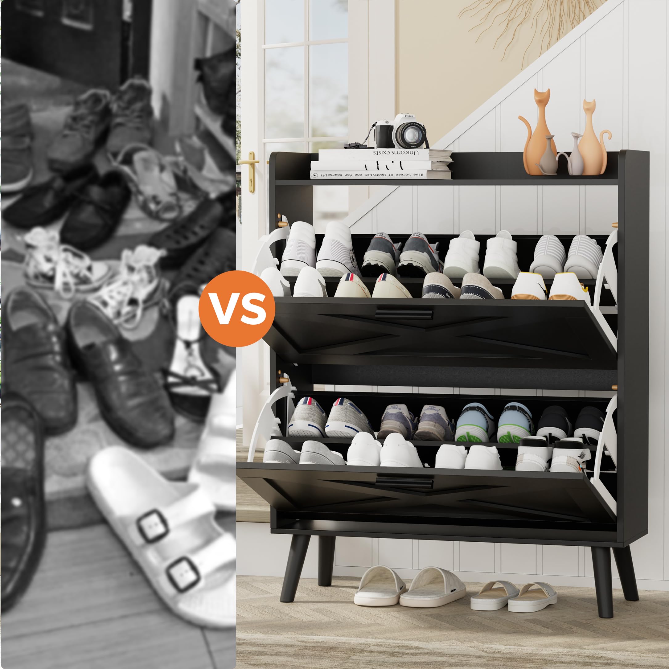 Farmhouse Shoe Storage Cabinet with 2 Flip Drawers & Barn Door Design - Adjustable Shelves Modern Hidden Slim Narrow Shoe Rack for Entryway, Foyer, Hallway - Perfect for Organizing Shoes in Small Spaces, Apartments & Mudrooms (Black)