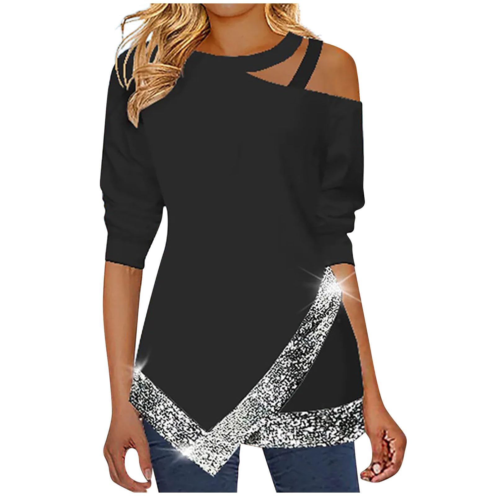 Plus Size Women's Sexy Halter O-Neck Strapy Tops with Sequin Hem - Long Sleeve Pullover Sweatshirt Blouse for Casual Wear | Perfect for Parties, Date Nights & Everyday Fashion