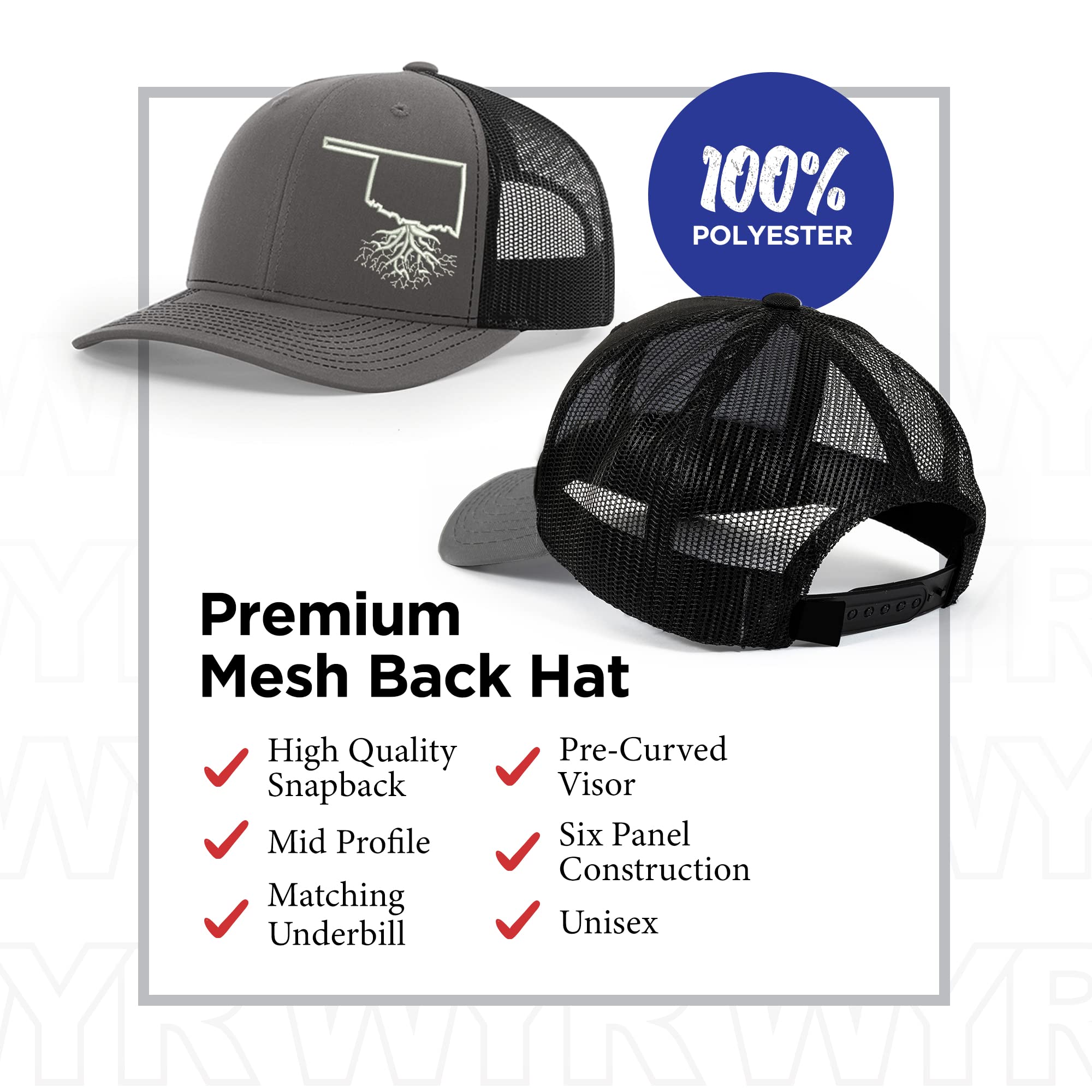 Oklahoma Roots Snapback Hat - Stylish Unisex Baseball Cap with Mesh Back, Polyester Cotton Six-Panel Trucker Hat, One Size Fits All (Charcoal & Black) - Perfect for Outdoor Activities, Sports Events & Casual Wear