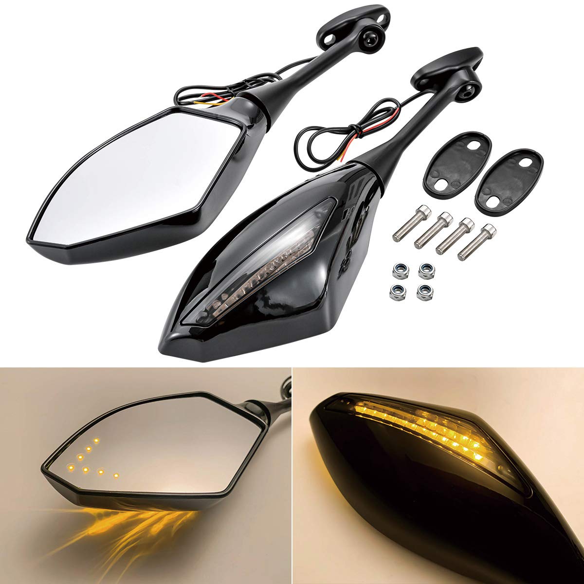 Universal Motorcycle Rear View Side Mirrors with Integrated LED Turn Signals - Compatible with Honda CBR600RR (2003-2011) & CBR1000RR (2004-2007) Sport Bikes - Black - Enhanced Visibility & Safety for Night Riding & Highway Commuting