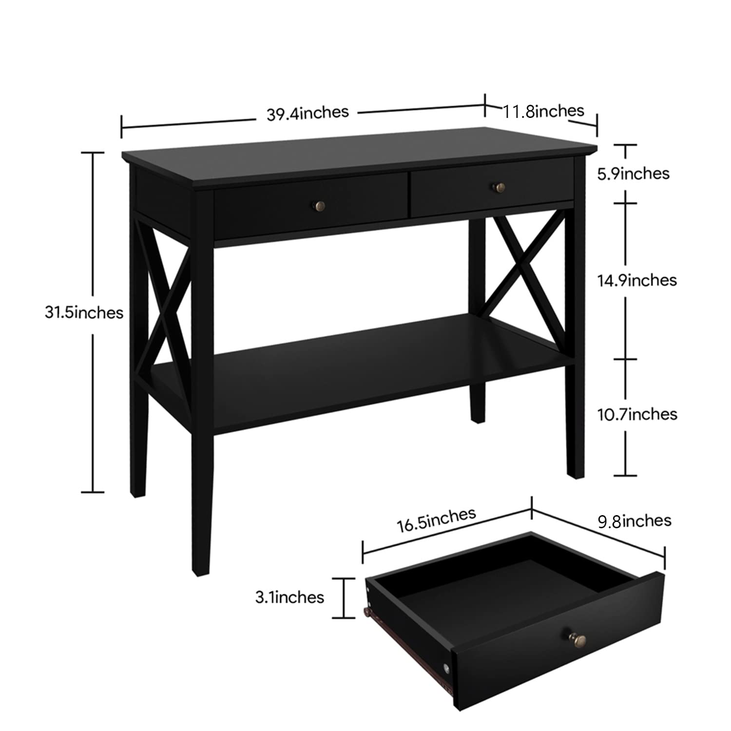 ChooChoo Narrow Wood Console Table with Drawers & Storage Shelf - Entryway Sofa Table for Hallway, Living Room & Front Hall | Perfect for Small Spaces & Home Decor Organization (Black)