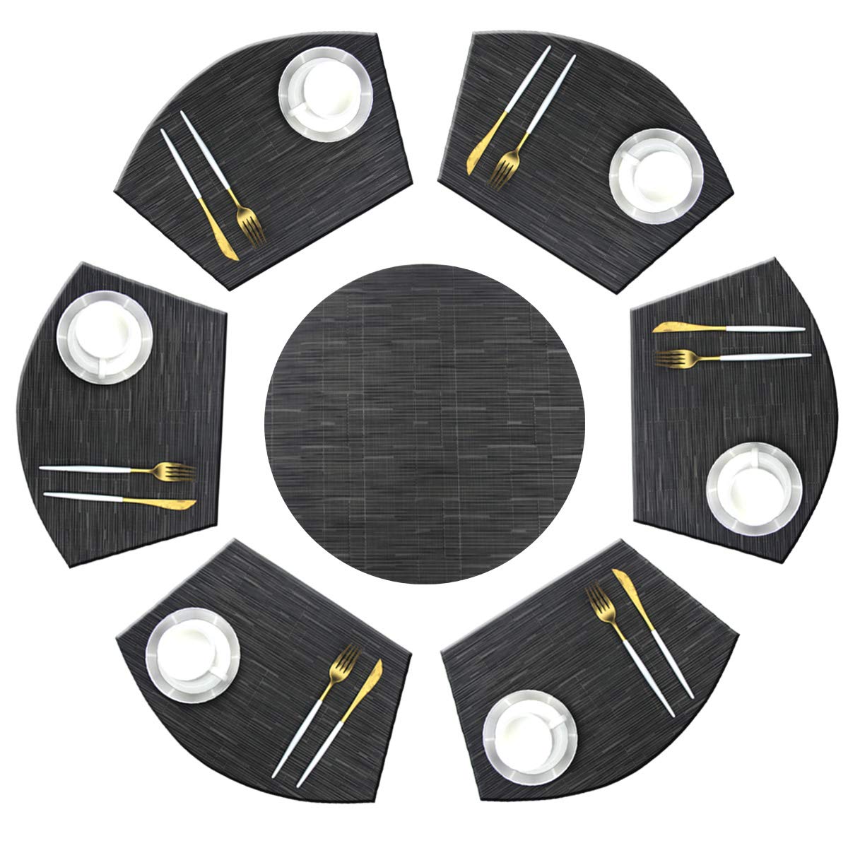 Bright Dream Wedge Placemats Set - 1 Round & 6 Wedge Woven Vinyl Table Mats | Heat Resistant & Easy Clean | Perfect for Dining Table Decor, Dinner Parties & Holiday Centerpieces (Black)
