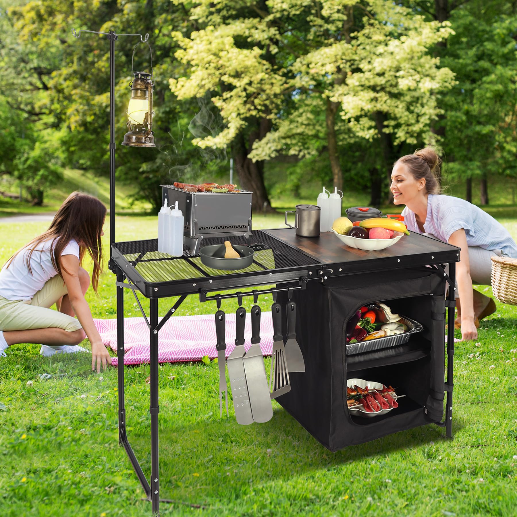 REDCAMP 4ft Portable Camping Kitchen Table with Storage Organizer & Telescoping Light Stand - Foldable Outdoor Cooking Station for BBQ, Picnic, Party & Camping | Perfect for Backyard Grilling, Tailgating & RV Adventures