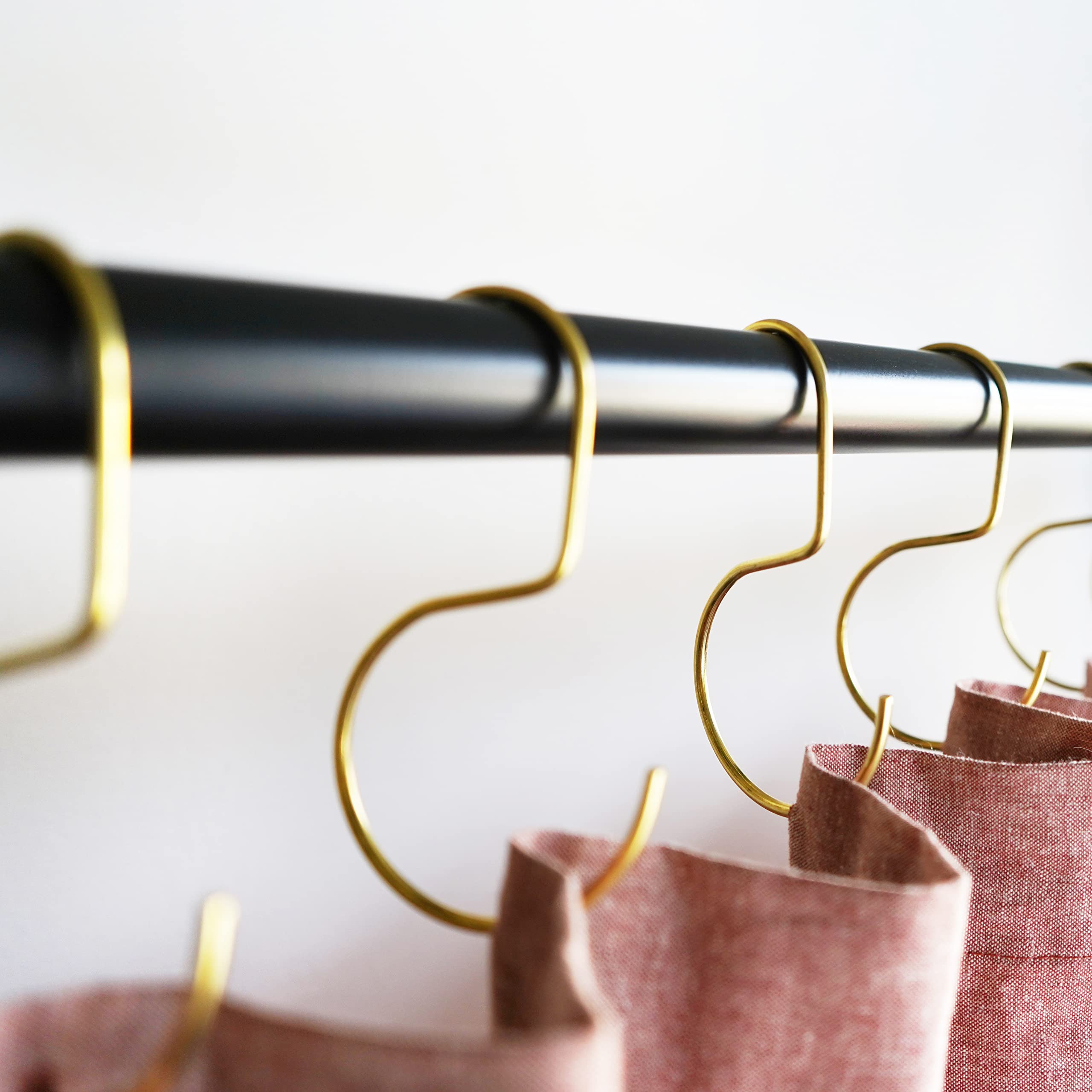 Minimalist Shower Curtain Hooks - Stainless Steel, Brass & Black Metal S Hooks - 12 Pack (Brass O-Hook) for Bathroom, Closet, Purse & Bag Organization - Durable Curtain Rings & Jean Hooks for Home Decor