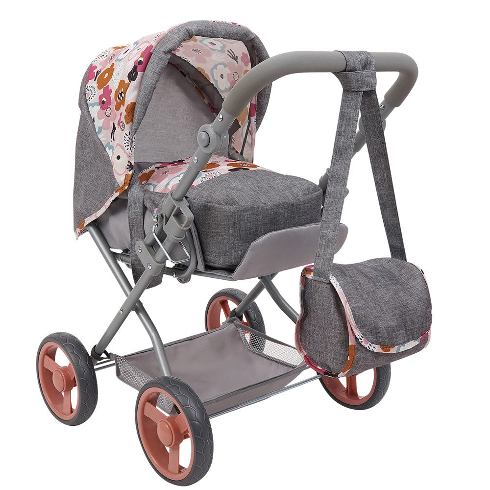 509 Crew Kelly Deluxe Doll Stroller with Melange Floral Design & Matching Bag - Perfect for Pretend Play, Outdoor Walks, and Gift Giving for Kids Ages 3+