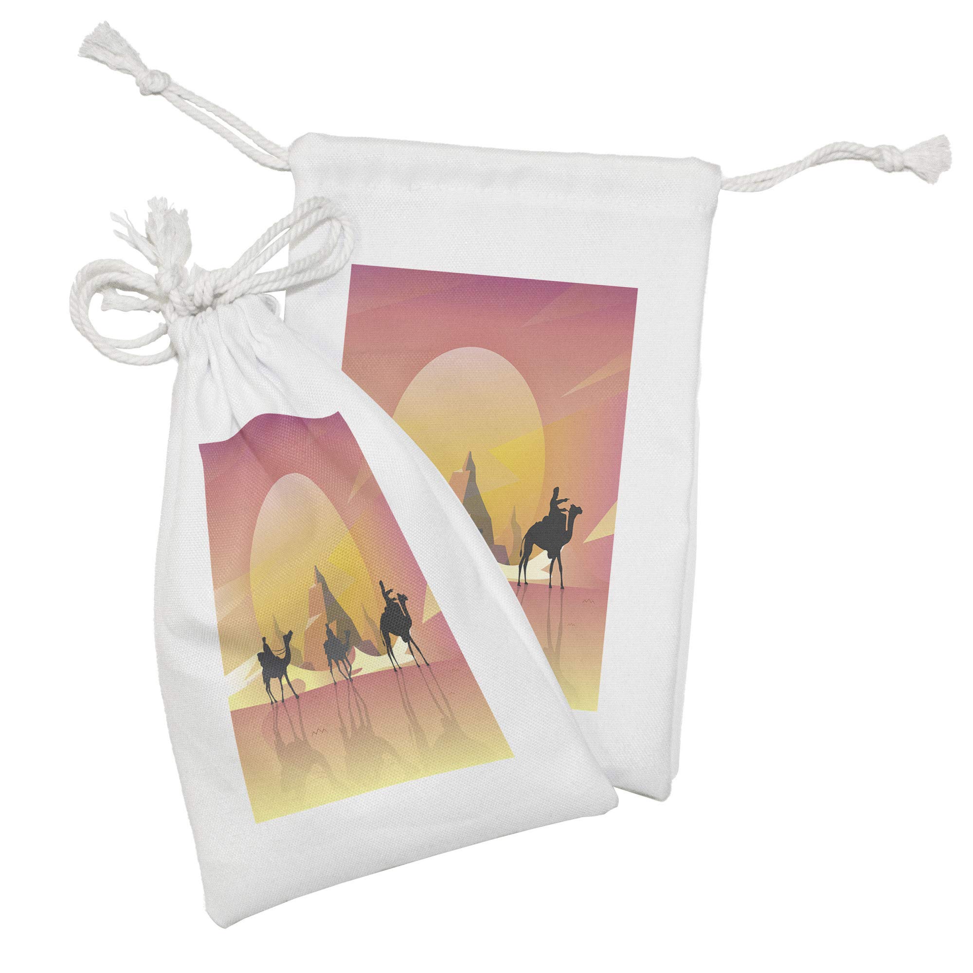 Ambesonne 2-Pack Pyramid Fabric Pouch Set - Camel Caravan Desert Sunset Design, Small Drawstring Bags for Toiletries, Masks & Party Favors (9