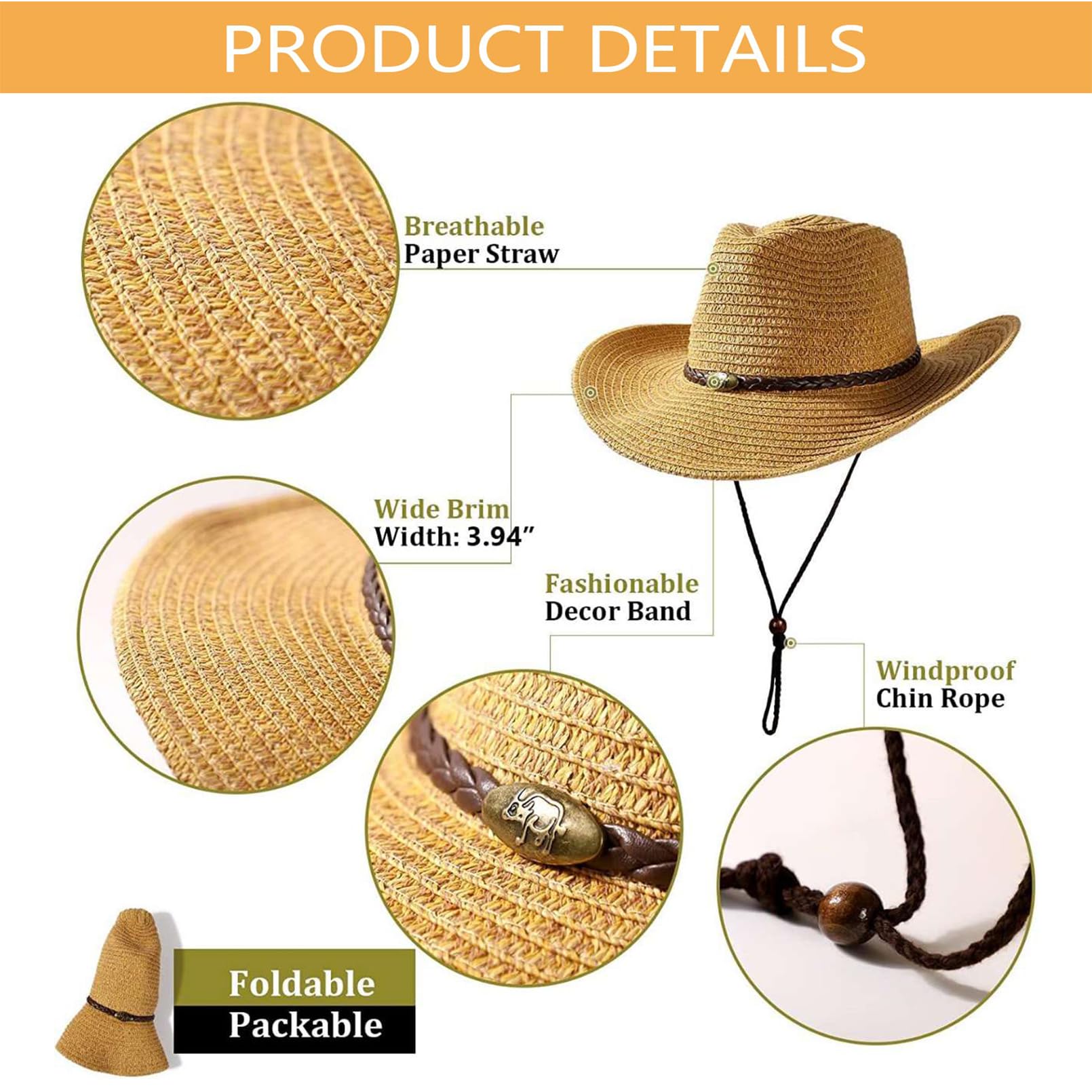 GEMVIE Women's & Men's Western Straw Cowboy Hat - Summer Beach Cowgirl Hat with Windproof Rope for Outdoor, Rodeo, Music Festival & Vacation