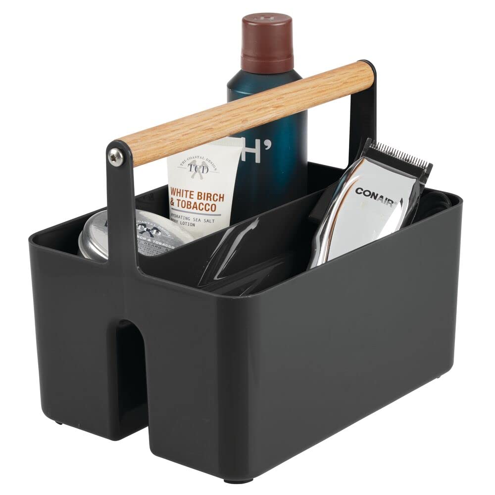 mDesign Plastic Portable Shower Caddy with Wood Handle - Bathroom Storage Organizer for Shampoo, Conditioner & Toiletries - Black/Natural Aura Collection - Space-Saving Solution for Small Bathrooms, College Dorms, Travel & Vanity Use - Perfect for Apartment Living, RV Showers and Gym Essentials Organization