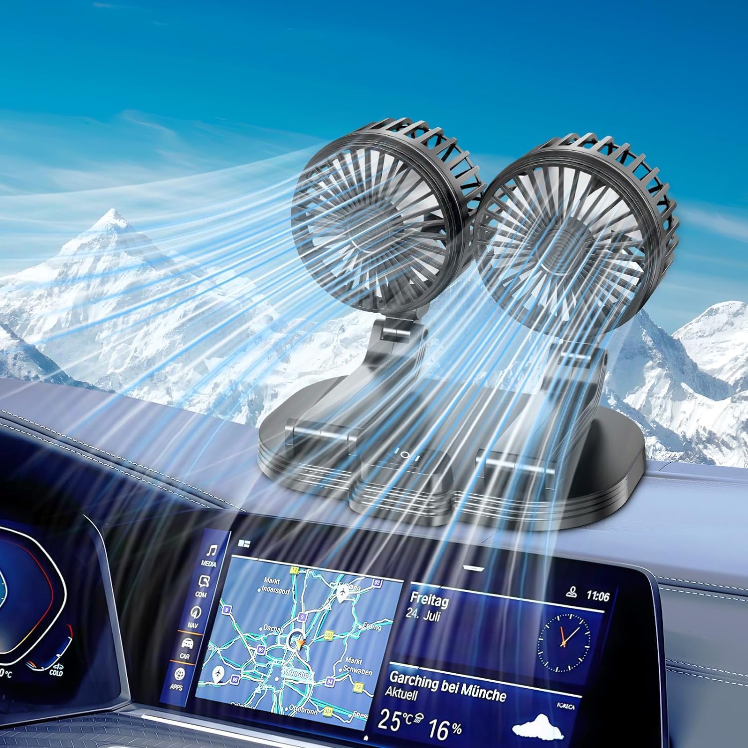 2024 Upgraded Dual Head USB Car Fan - 360° Rotatable Portable Cooling Fan for Dashboard, SUV, RV, Truck, Boat & Home Office | Perfect for Summer Travel & Workspace Comfort