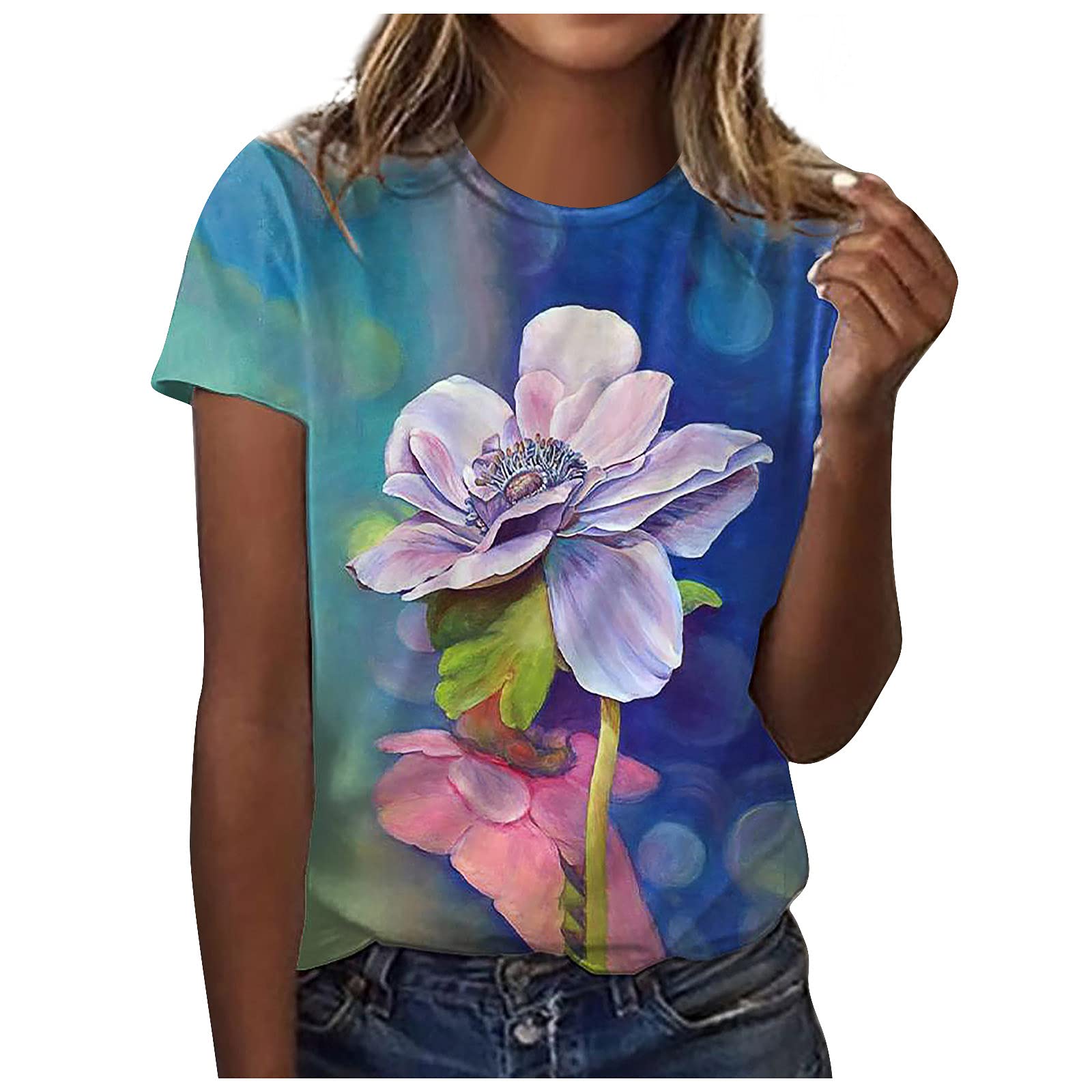Women's Floral Print Short Sleeve T-Shirts - Summer Casual Loose Fit Blouse & Graphic Tees - Perfect for Beach Outings, Weekend Wear & Vacation Essentials