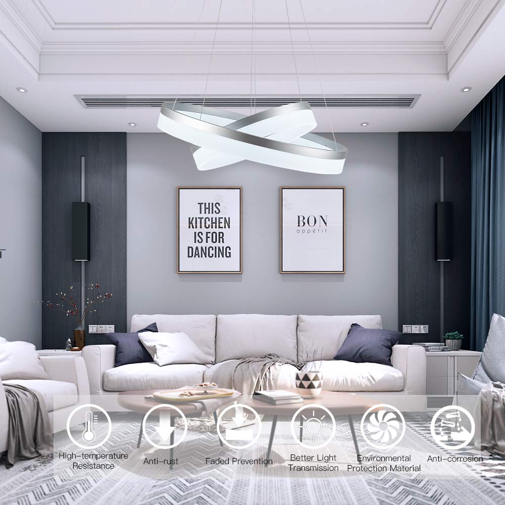 Modern LED Silver Chandelier - 2 Ring Dimmable Pendant Light Fixture, 6000K Cool White for Living Room, Bedroom, Kitchen Island, Restaurant & Dining Room | Elegant Lighting for Home Decor & Commercial Spaces