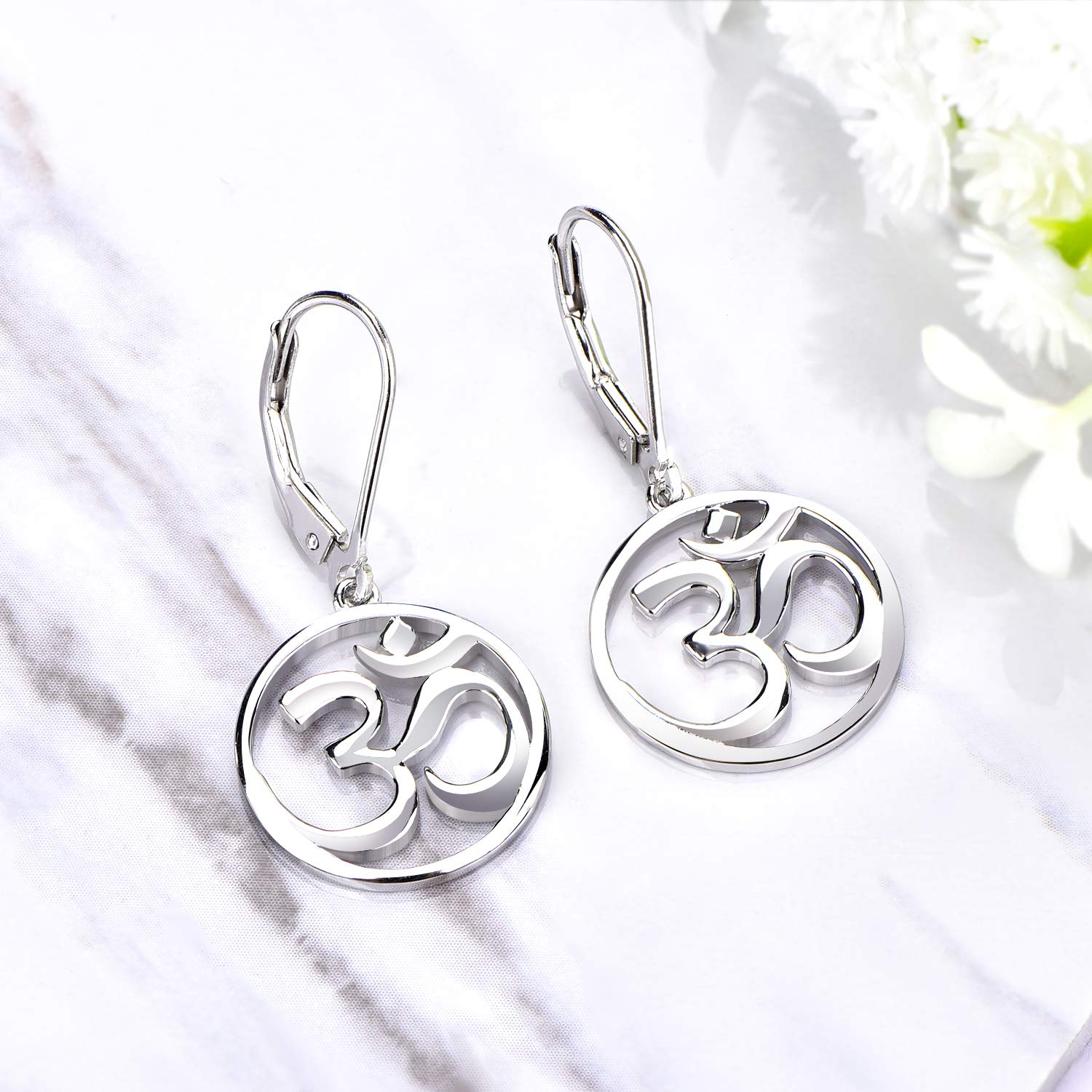 JO WISDOM 925 Sterling Silver OM Earrings - Leverback Drop Dangle Earrings for Women, Yoga & Meditation Jewelry, Spiritual Gift for Her