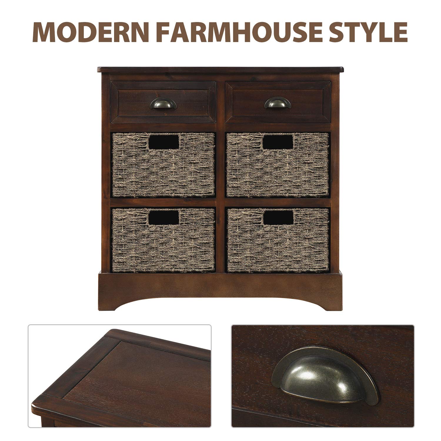 Knocbel Farmhouse Wicker Storage Cabinet with 2 Drawers & Aluminum Handles - Rustic Chest of Drawers for Entryway, Hallway, Dining & Living Room (Espresso) | Perfect for Organizing Blankets, Towels & Home Decor