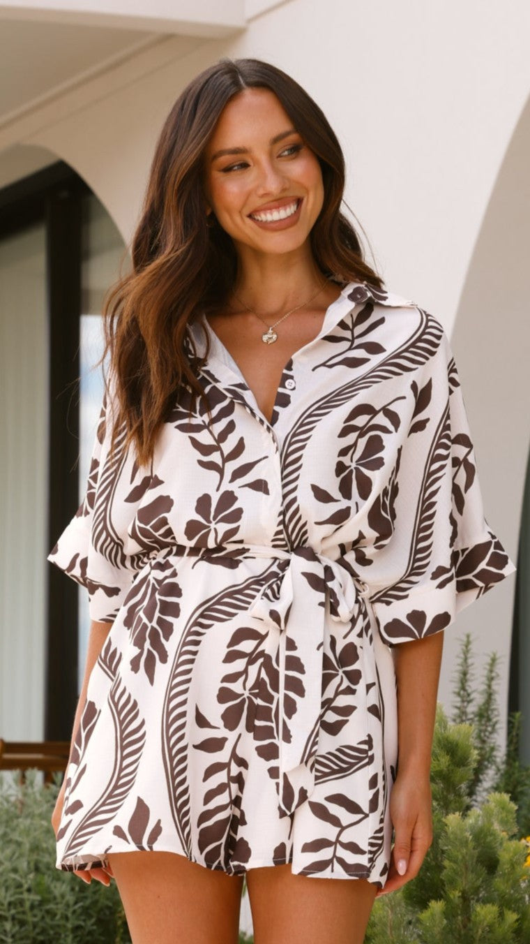 Aurelia Women's Brown & White Print Playsuit Romper - Stylish Summer Jumpsuit for Beach, Vacation & Casual Outings