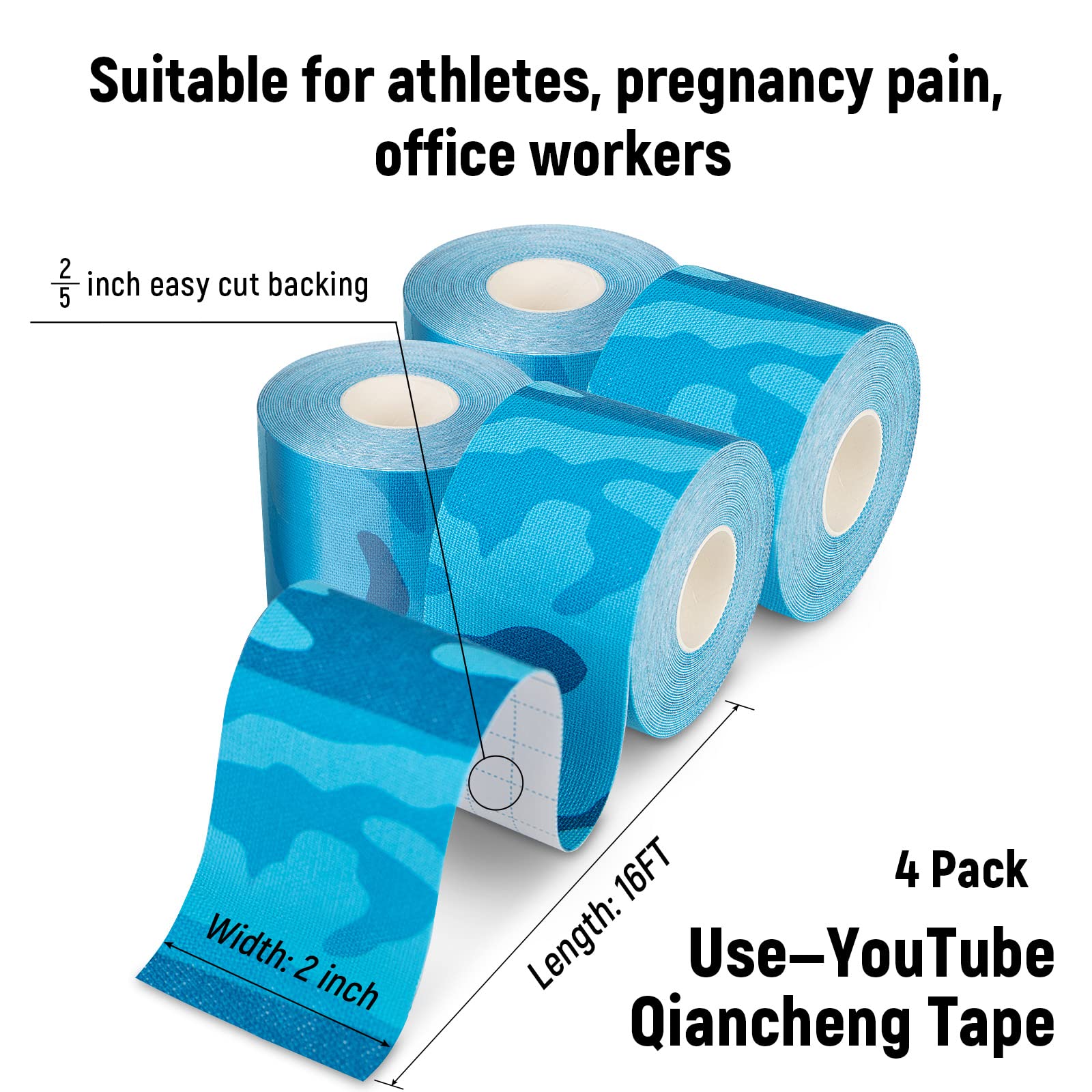 4 Pack Kinesiology Tape for Sports & Athletes - 16 FT Waterproof Athletic Tape for Knee, Elbow, Shoulder Support & Muscle Pain Relief (Camouflage Blue) | Ideal for Running, Gym Workouts, Physical Therapy & Injury Recovery
