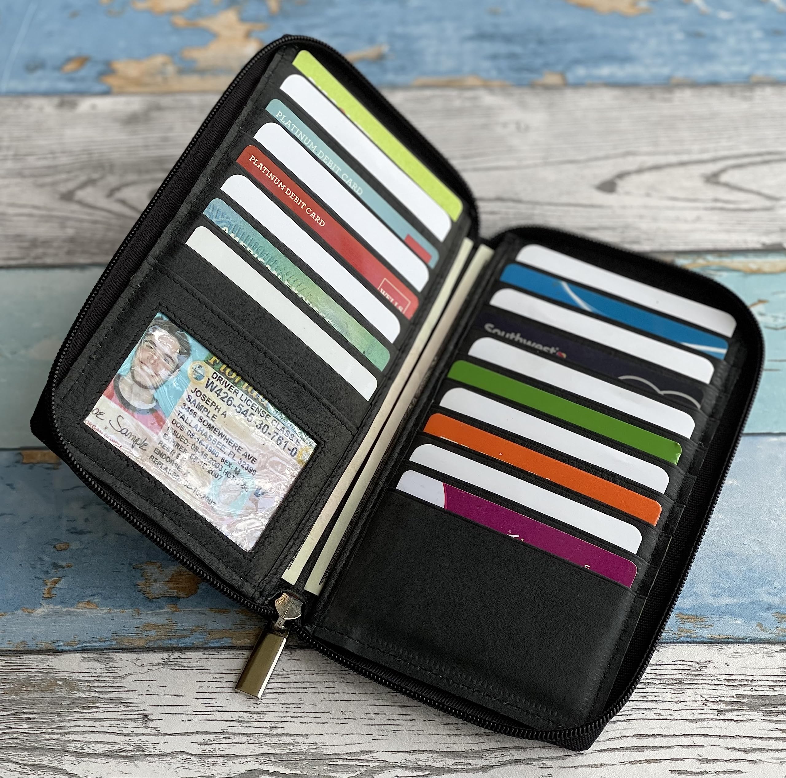 Genuine Leather Zippered Credit Card Wallet Organizer for Women - Slim RFID Blocking Wallet with Multiple Card Slots - Perfect for Travel, Shopping & Everyday Use