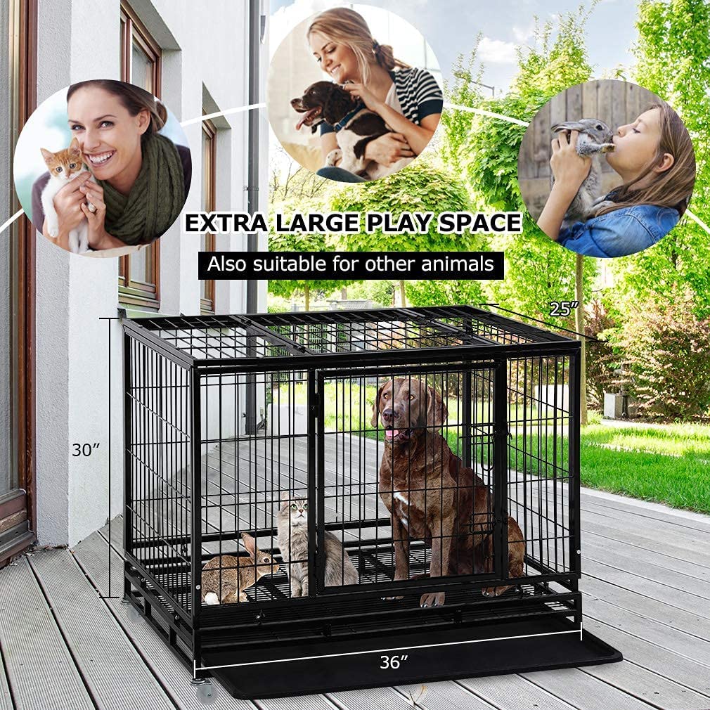 36 Inch Heavy Duty Dog Crate - Black Waterproof Steel Kennel with Wheels & Double Doors | Non-Toxic, Lockable, Easy to Clean | Indoor & Outdoor Use for Large Dogs, Travel & Home Security
