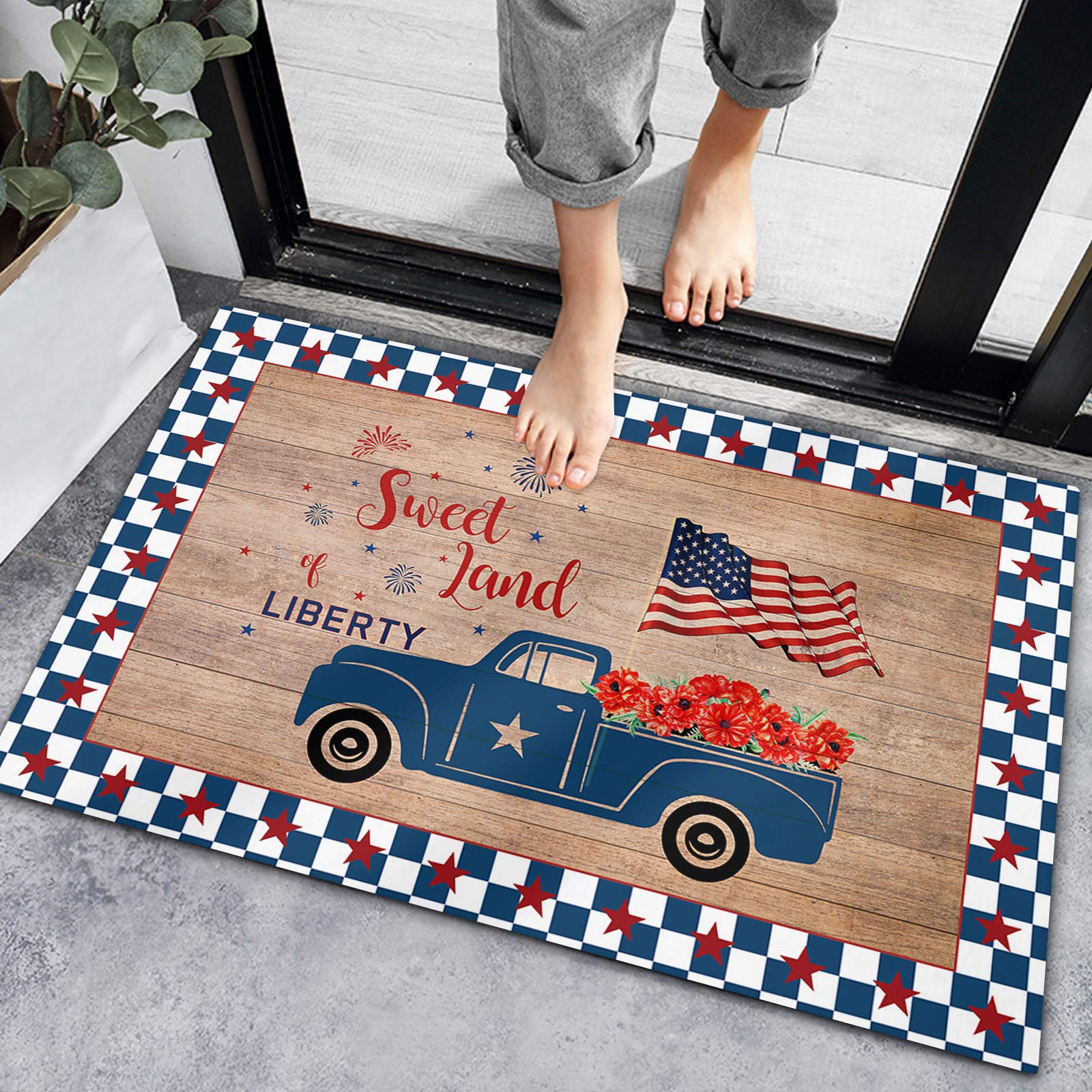 Possta Decor Flower Fireworks Star Farm Truck Indoor Doormat - Non-Slip Water Absorbent Front Door Rug with USA Flag Design - Perfect for Bedroom, Bathroom & Living Room (16x24 Inches) - Great for Home Entryway, Kitchen & Laundry Room Decor