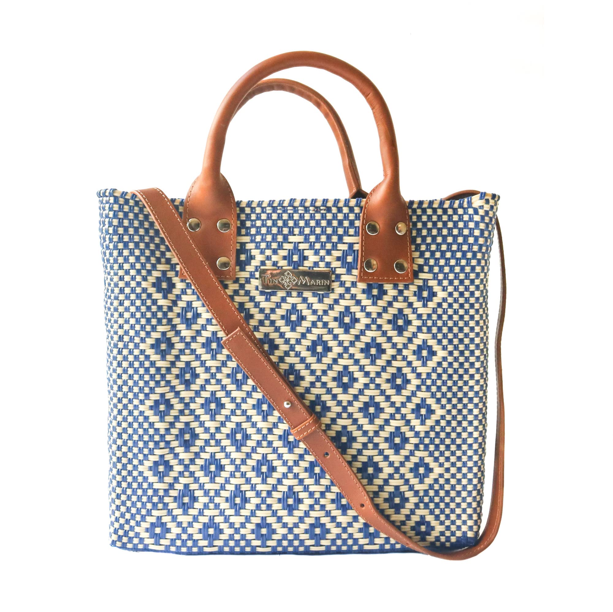 Stylish Large Woven Crossbody Bag with Tan Leather Handles - Eco-Friendly Recycled Plastic Handwoven Purse from Oaxaca Mexico - Perfect Summer Tote, Work Bag & Everyday Purse for Women - Ideal for Office, Travel & Casual Outings