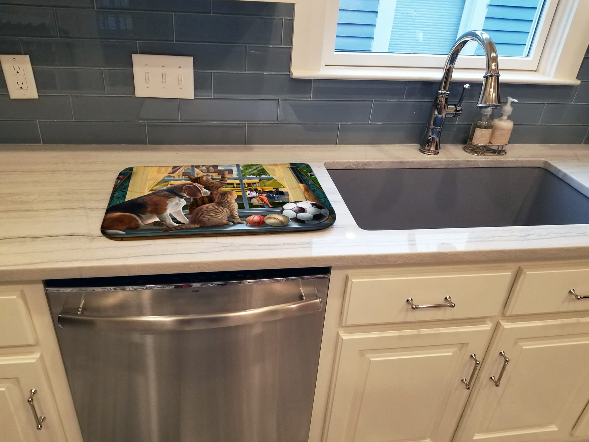 Beagle & Cats Back to School Dish Drying Mat - Absorbent Kitchen Counter Mat (14x21