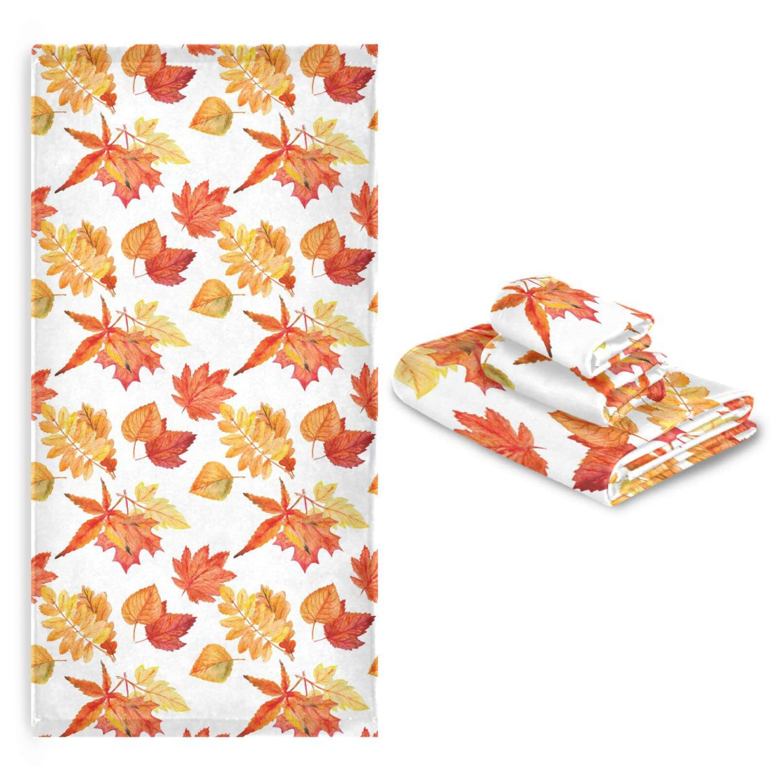 Thanksgiving Maple Leaf Bath Towel Set - 3-Piece Autumn Fallen Leaf Bathroom Hand Towels & Washcloth - Super Absorbent for Home, Kitchen, Hotel, Gym & Pool Decor - Perfect for Thanksgiving & Fall Home Decor
