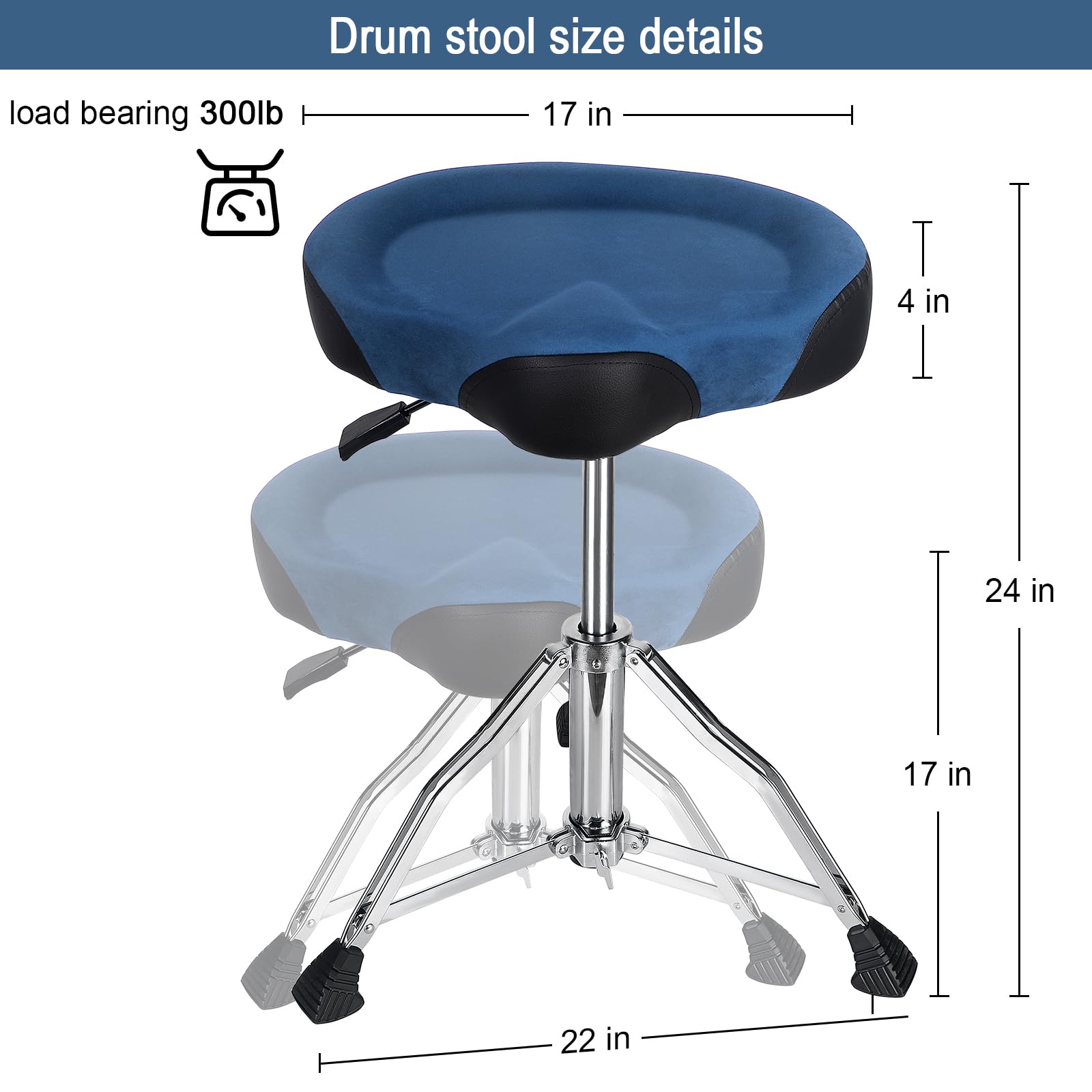 AKOLT Heavy Duty Hydraulic Drum Throne - Adjustable Height Suede Drum Seat with Motorcycle Style Design for Adult Drummers (Dark Blue) - Perfect for Drum Kits, Live Performances & Music Studios