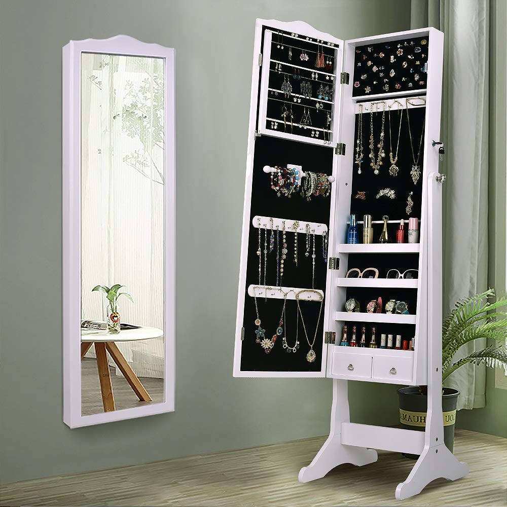 White Floor Length Jewelry Cabinet with Mirror - Home Office Storage Organizer for Jewelry, Accessories & Decor | Dressing Room, Bedroom & Closet Organization