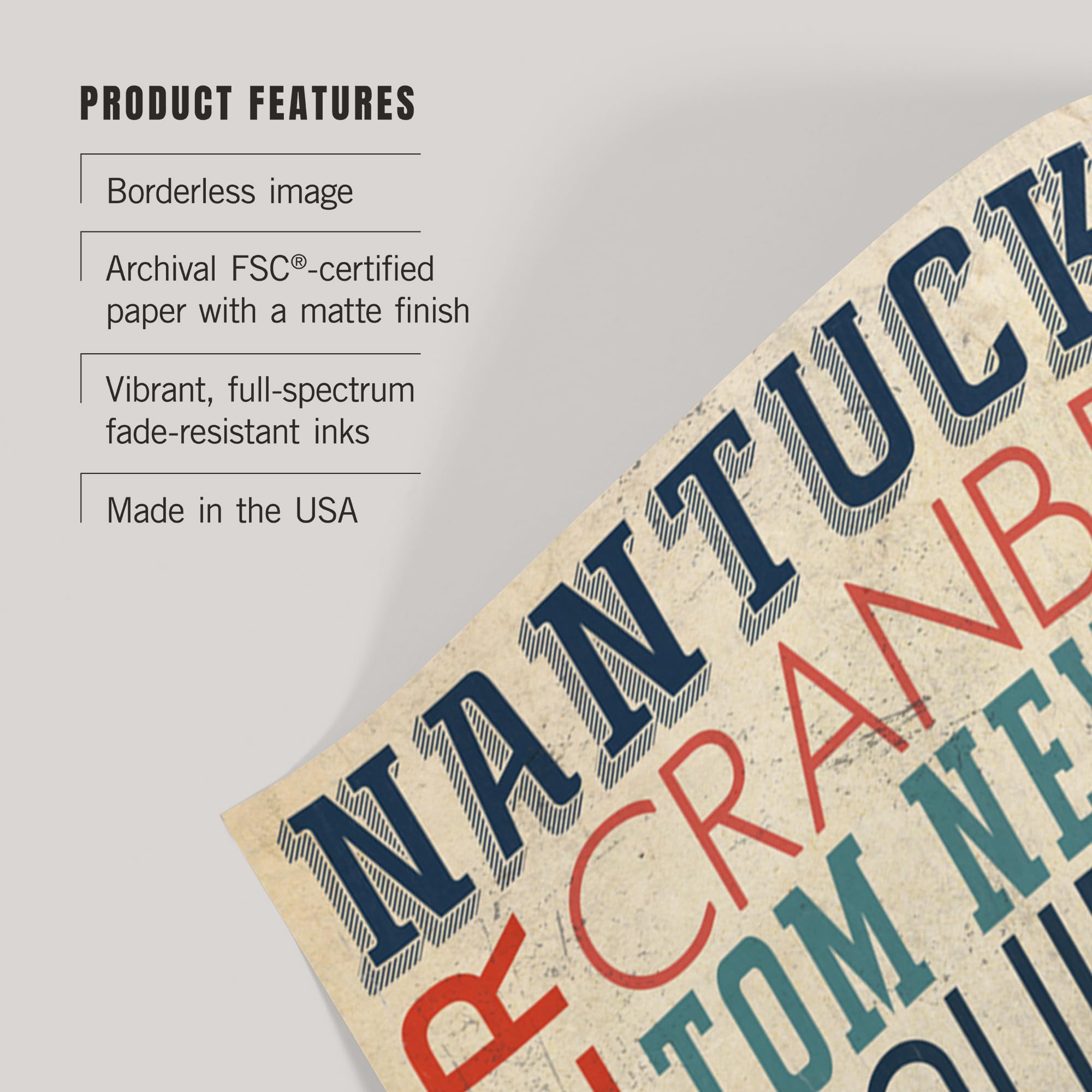 Lantern Press 16x24 Inch Giclee Print - Nantucket Massachusetts Coastal Typography Art - Perfect for Beach House Decor & Coastal Living Room Wall Art