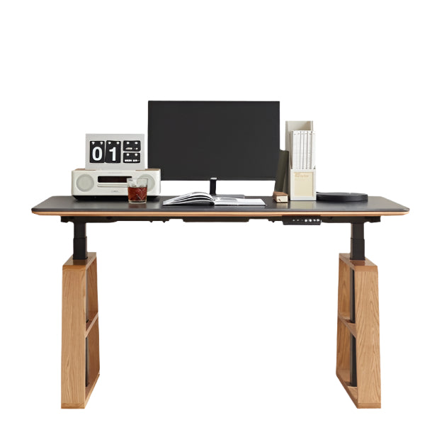 Premium Oak Solid Wood Standing Desk with Natural Rock Slab Top - Ergonomic Adjustable Height Home Office Desk for Work & Study