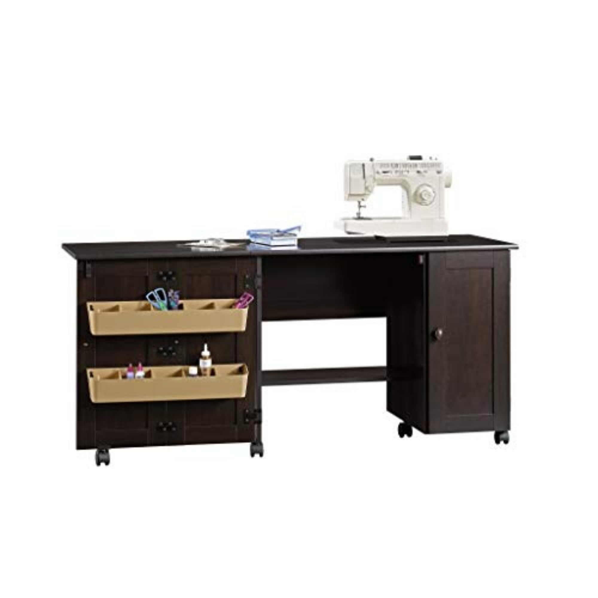 Sauder Rolling Sewing & Craft Table with Storage - Cinnamon Cherry Finish | Mobile Workstation for Sewing, Crafting & Pantry Organization