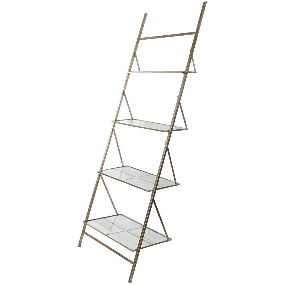 Benjara Silver Ladder Storage Shelf with Tempered Glass Shelves - Modern Industrial Bookcase for Living Room, Bedroom, or Office Organization