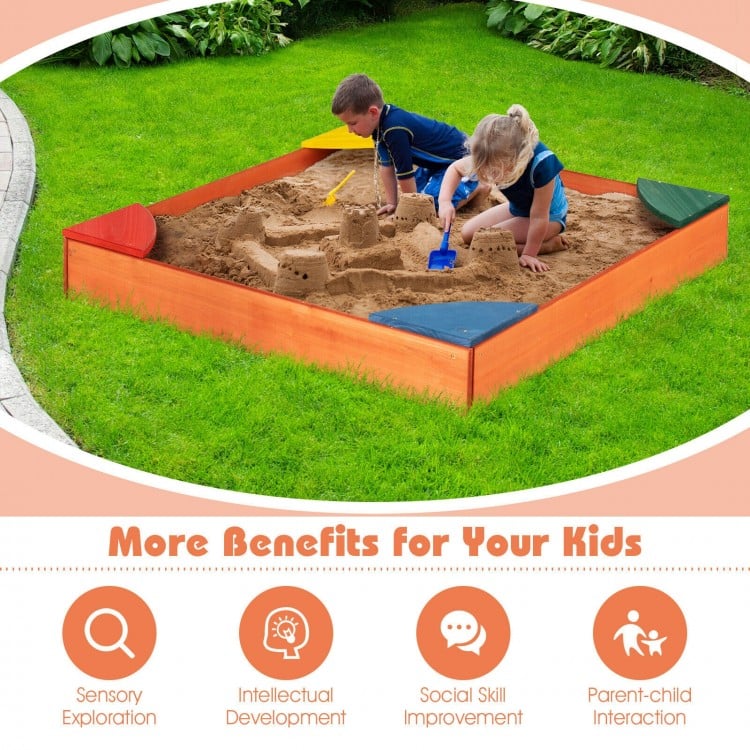Kids Outdoor Wooden Sandbox with Built-in Corner Seats - Durable Backyard Play Sand Box for Toddlers & Children - Perfect for Garden, Patio, and Outdoor Playtime