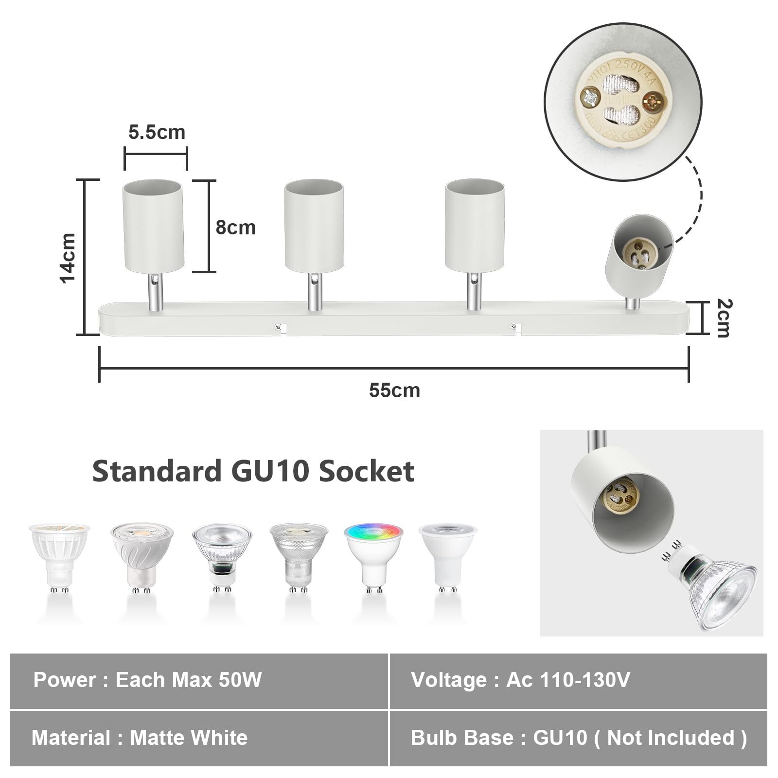 Flexible Rotatable LED Track Lighting Kit - Adjustable Ceiling Light Fixtures for Kitchen, Living Room, Bedroom - GU10 Bulb Not Included (White Strip 4) - Perfect for Modern Home Lighting & Accent Decor