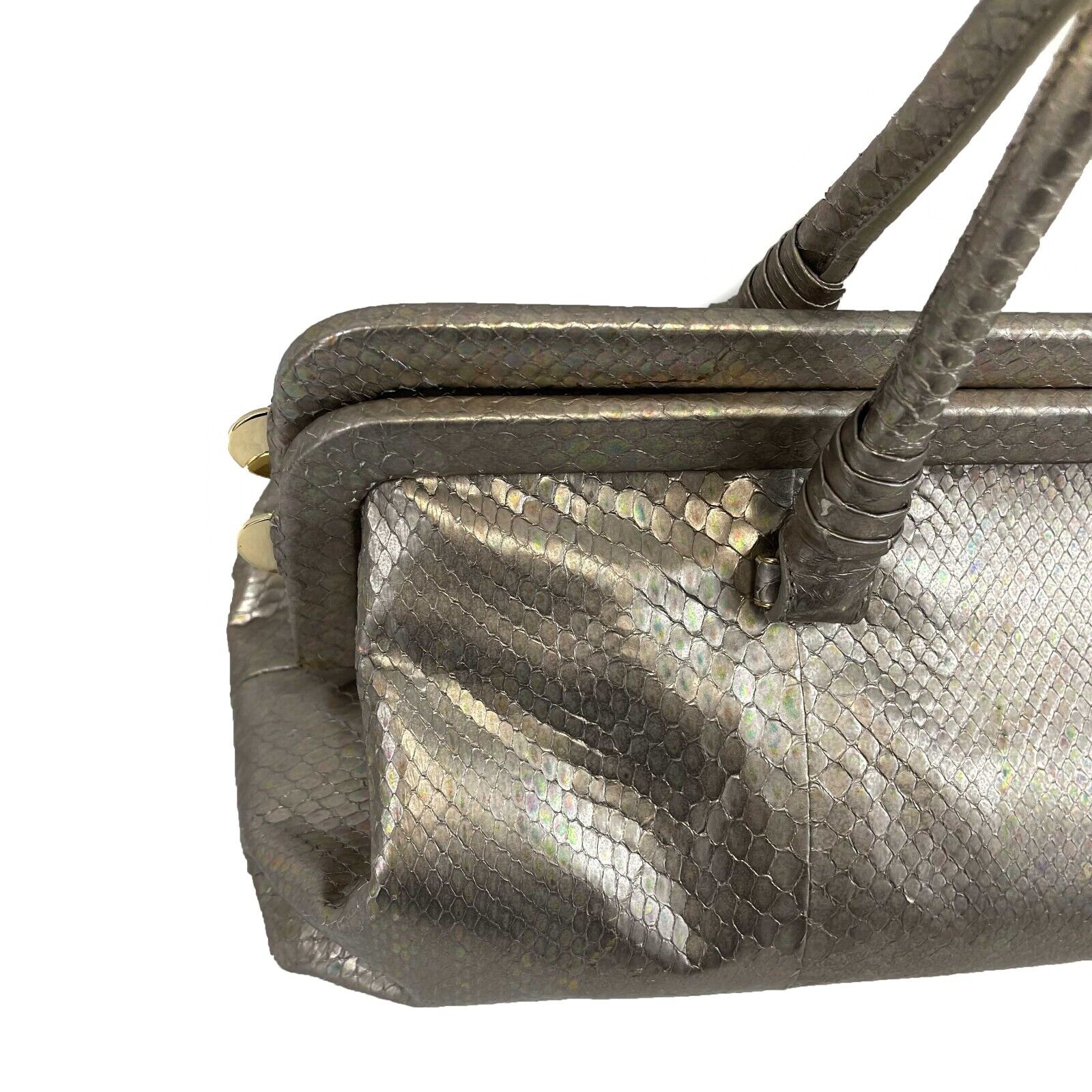 Bottega Veneta Silver Iridescent Python Skin Top Handle Shoulder Bag - Luxury Designer Crossbody Purse for Women, Perfect for Evening Parties & Special Occasions