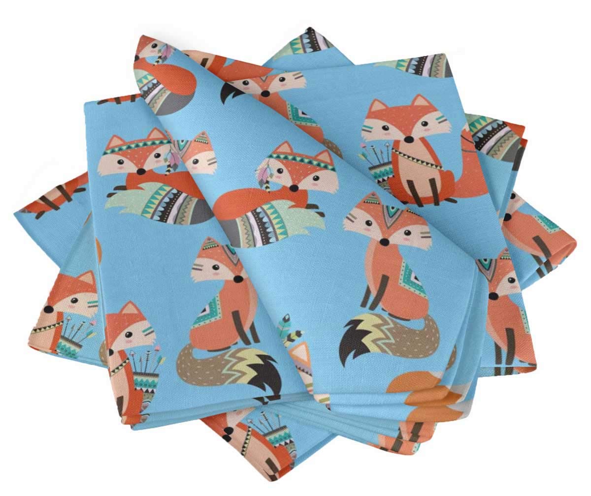 Blue African Fox Print Kids Cotton Napkins - Washable 20x20 Inch Reusable Table Linens (Pack of 6) for Everyday Use, Parties & Family Dining