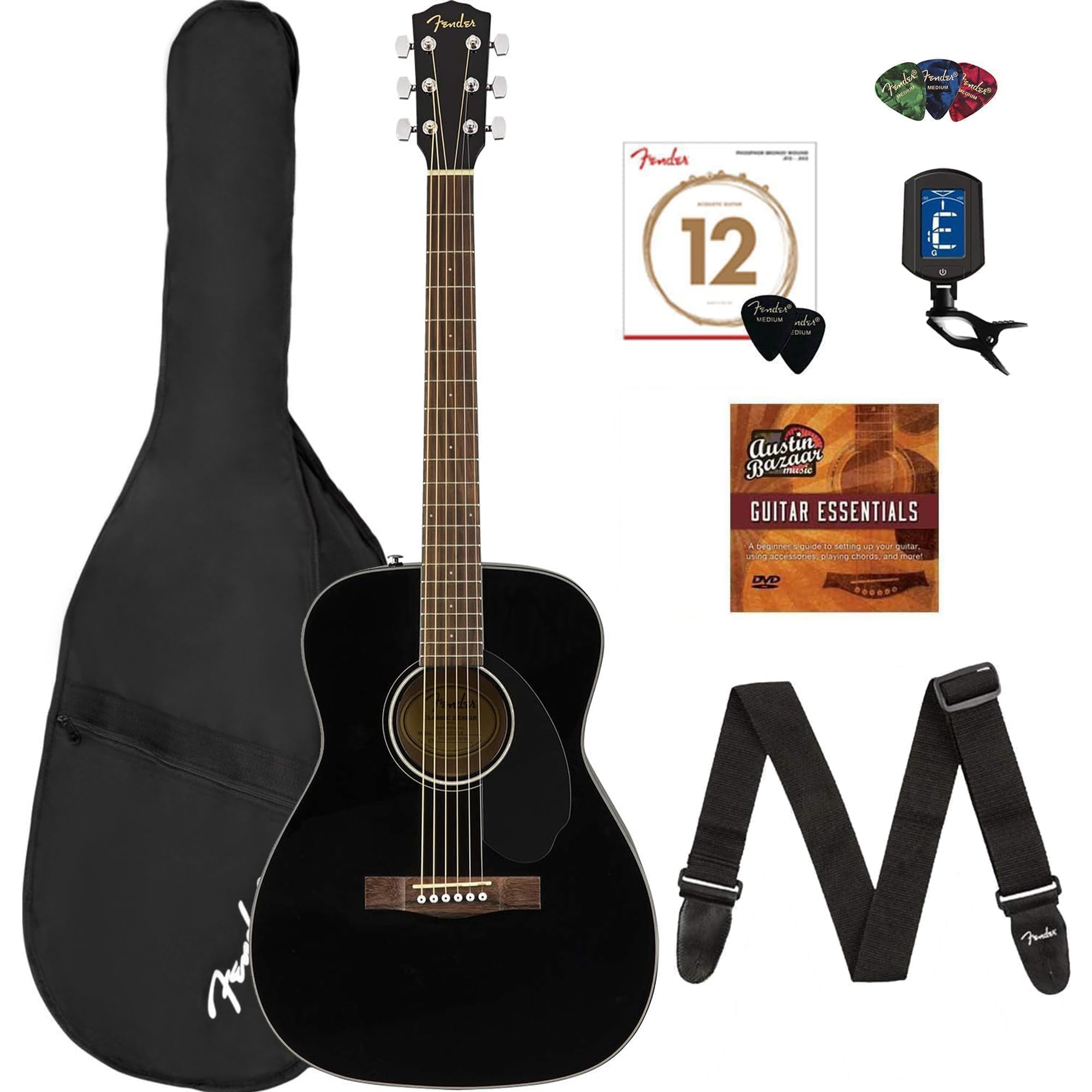 Fender CC-60S Concert Acoustic Guitar Bundle - Black | Includes Gig Bag, Tuner, Strap, Strings, Picks | Fender Play Online Lessons & Instructional Book | Perfect for Beginners, Camping, Travel & Home Practice